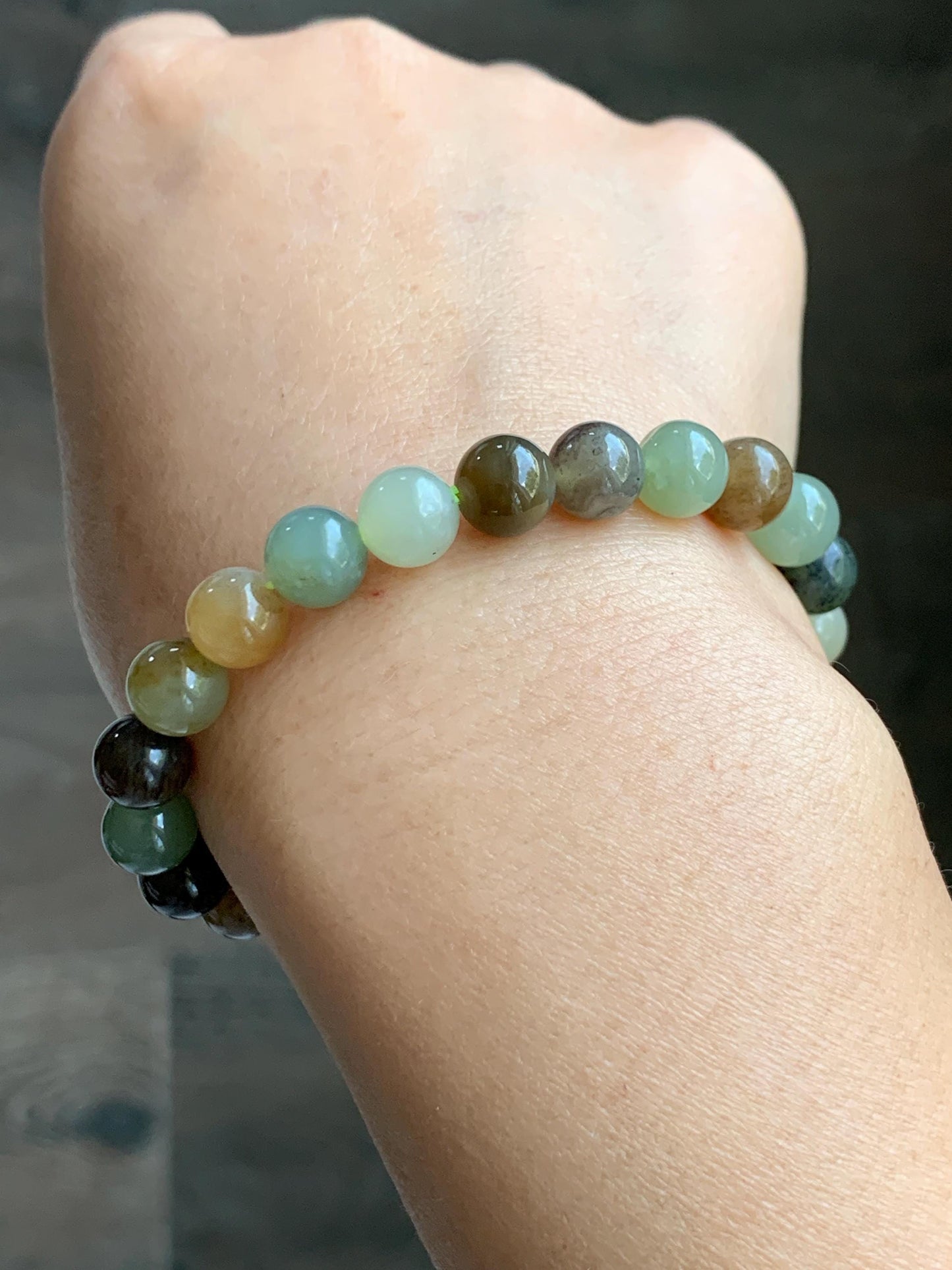 Natural Nephrite Jade Multicolored Translucent Round Beads Beaded Bracelet Stretchy 8mm 6.75” 18g 天然和田玉多宝圆珠手串 HTXDB98