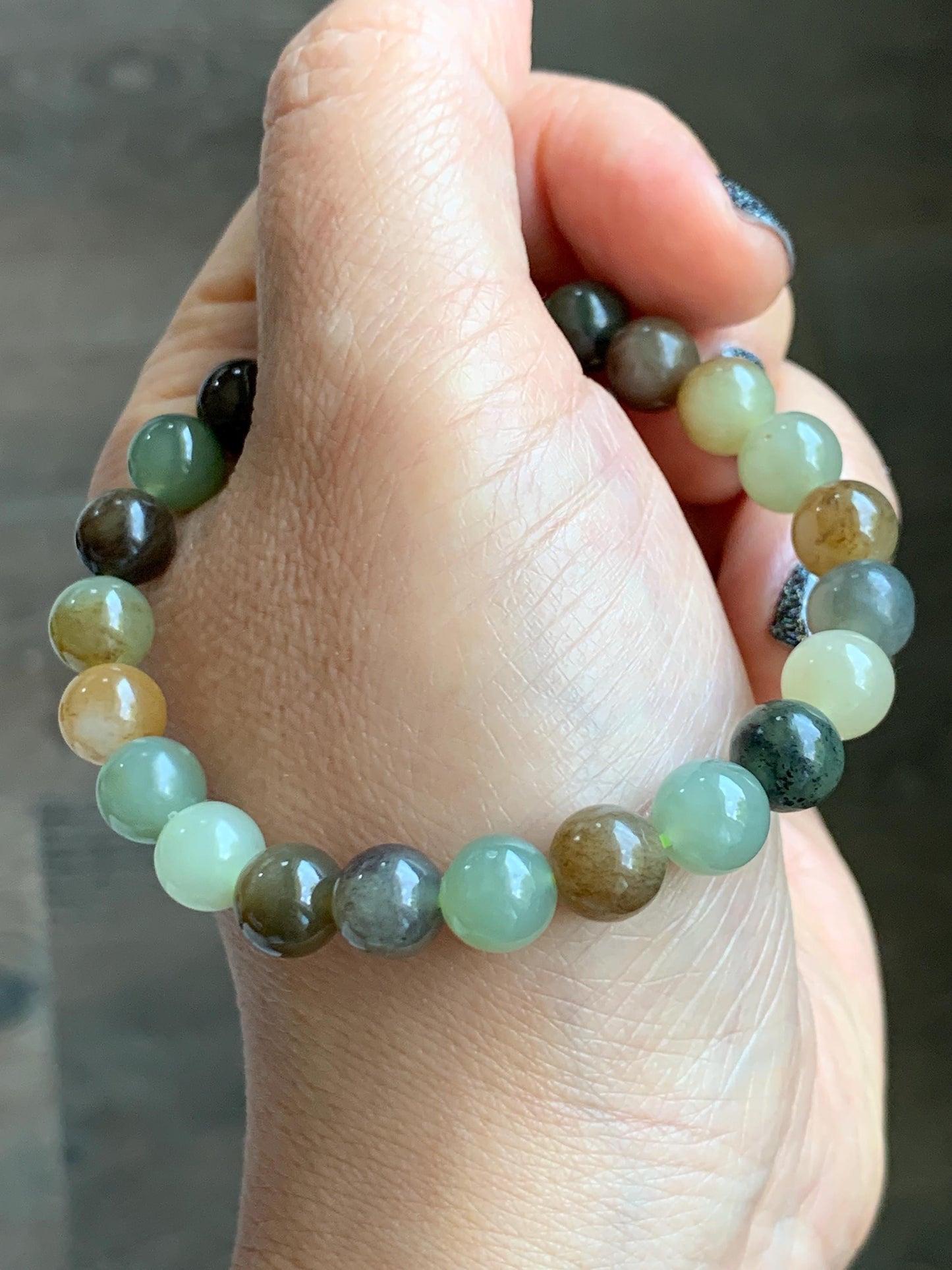 Natural Nephrite Jade Multicolored Translucent Round Beads Beaded Bracelet Stretchy 8mm 6.75” 18g 天然和田玉多宝圆珠手串 HTXDB98