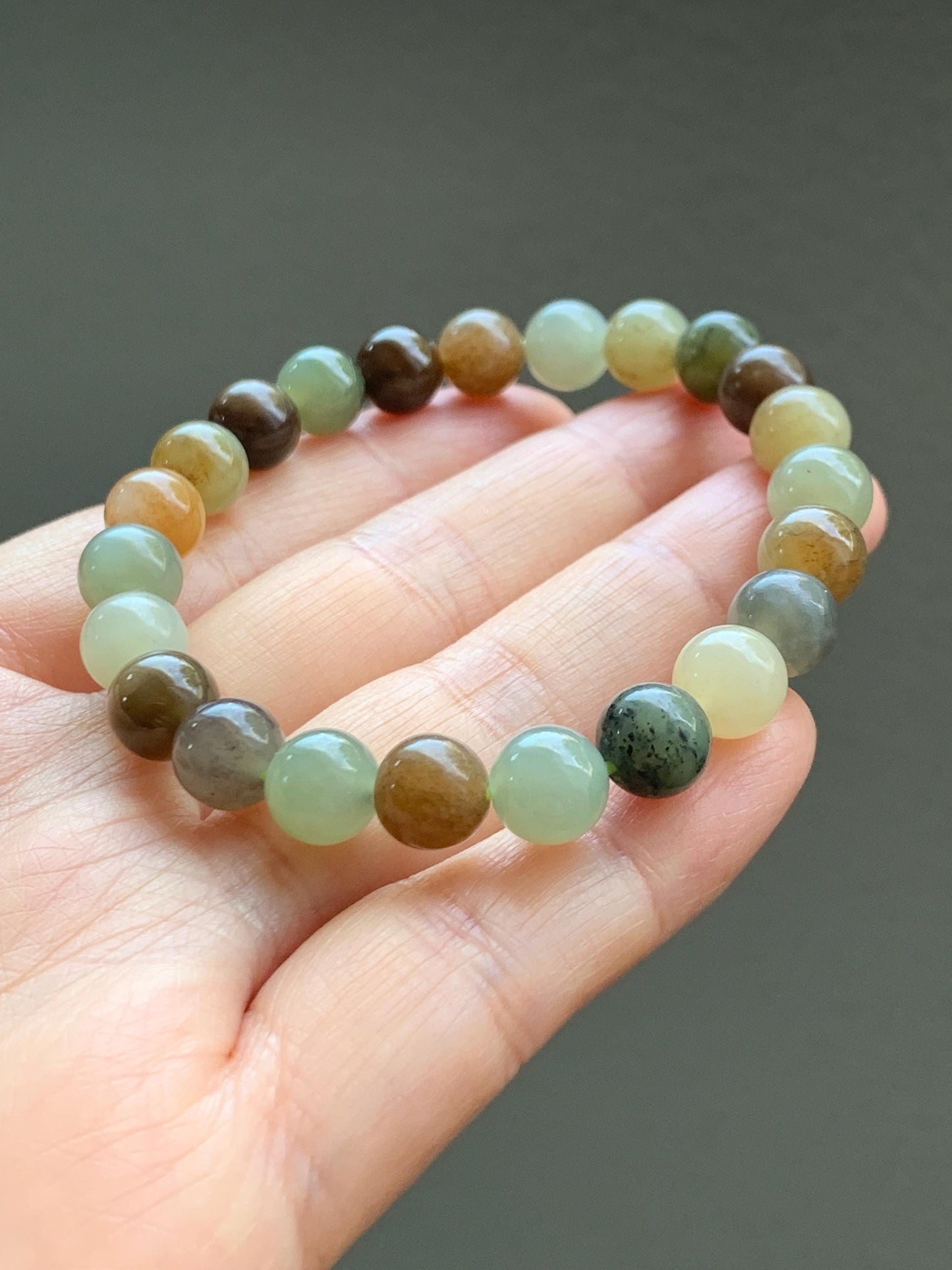 Natural Nephrite Jade Multicolored Translucent Round Beads Beaded Bracelet Stretchy 8mm 6.75” 18g 天然和田玉多宝圆珠手串 HTXDB98