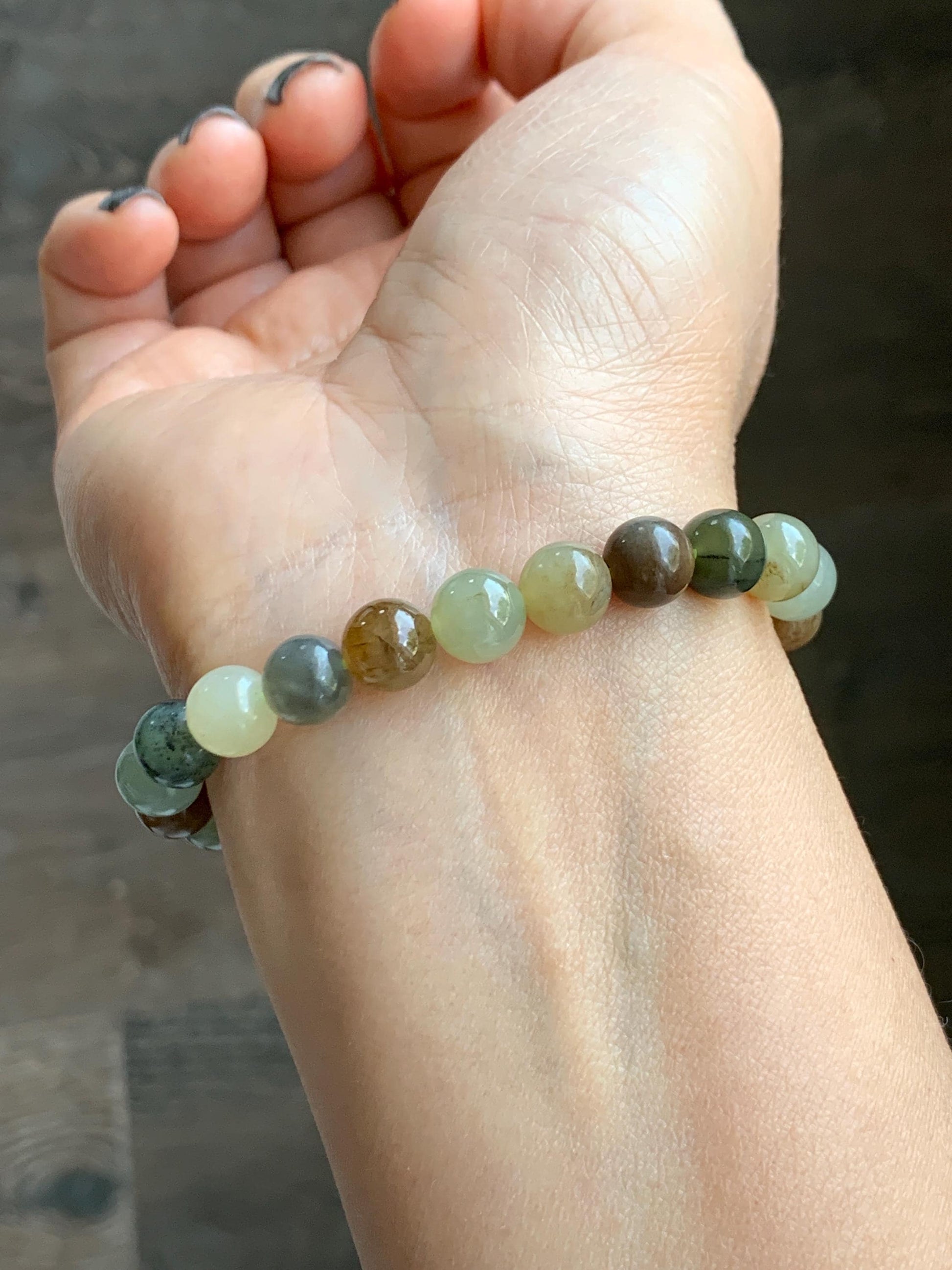 Natural Nephrite Jade Multicolored Translucent Round Beads Beaded Bracelet Stretchy 8mm 6.75” 18g 天然和田玉多宝圆珠手串 HTXDB98