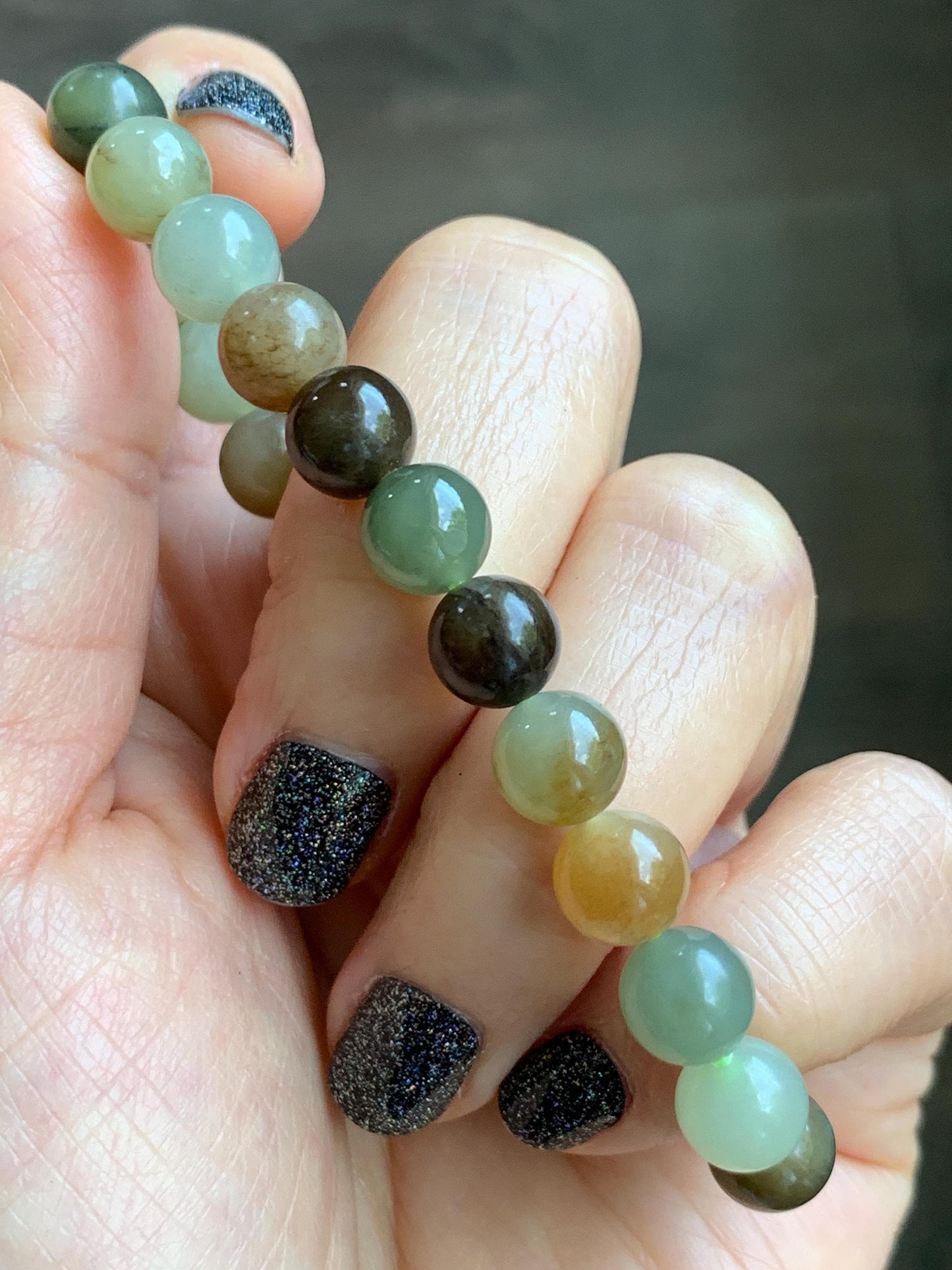 Natural Nephrite Jade Multicolored Translucent Round Beads Beaded Bracelet Stretchy 8mm 6.75” 18g 天然和田玉多宝圆珠手串 HTXDB98