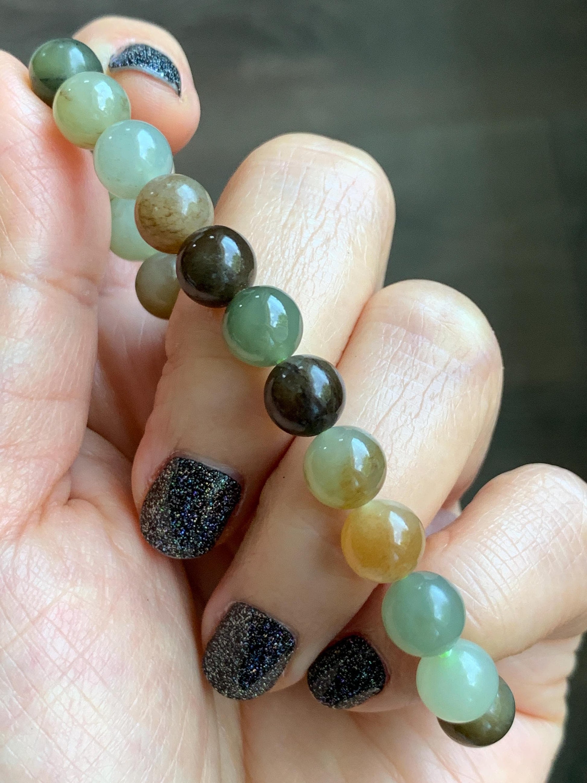 Natural Nephrite Jade Multicolored Translucent Round Beads Beaded Bracelet Stretchy 8mm 6.75” 18g 天然和田玉多宝圆珠手串 HTXDB98