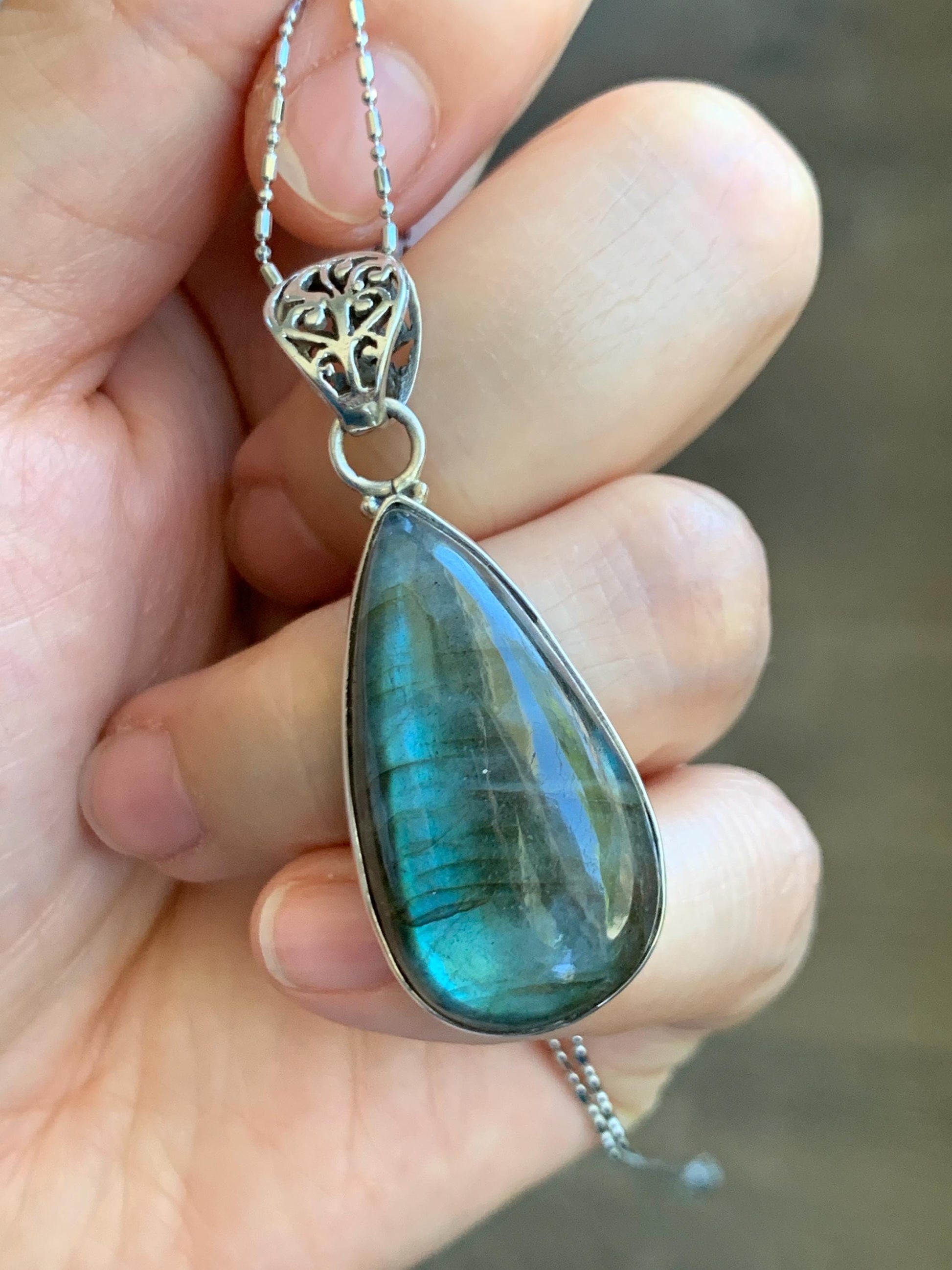 Natural Genuine labradorite Large Teardrop Pendant Sterling Silver 10g LAB