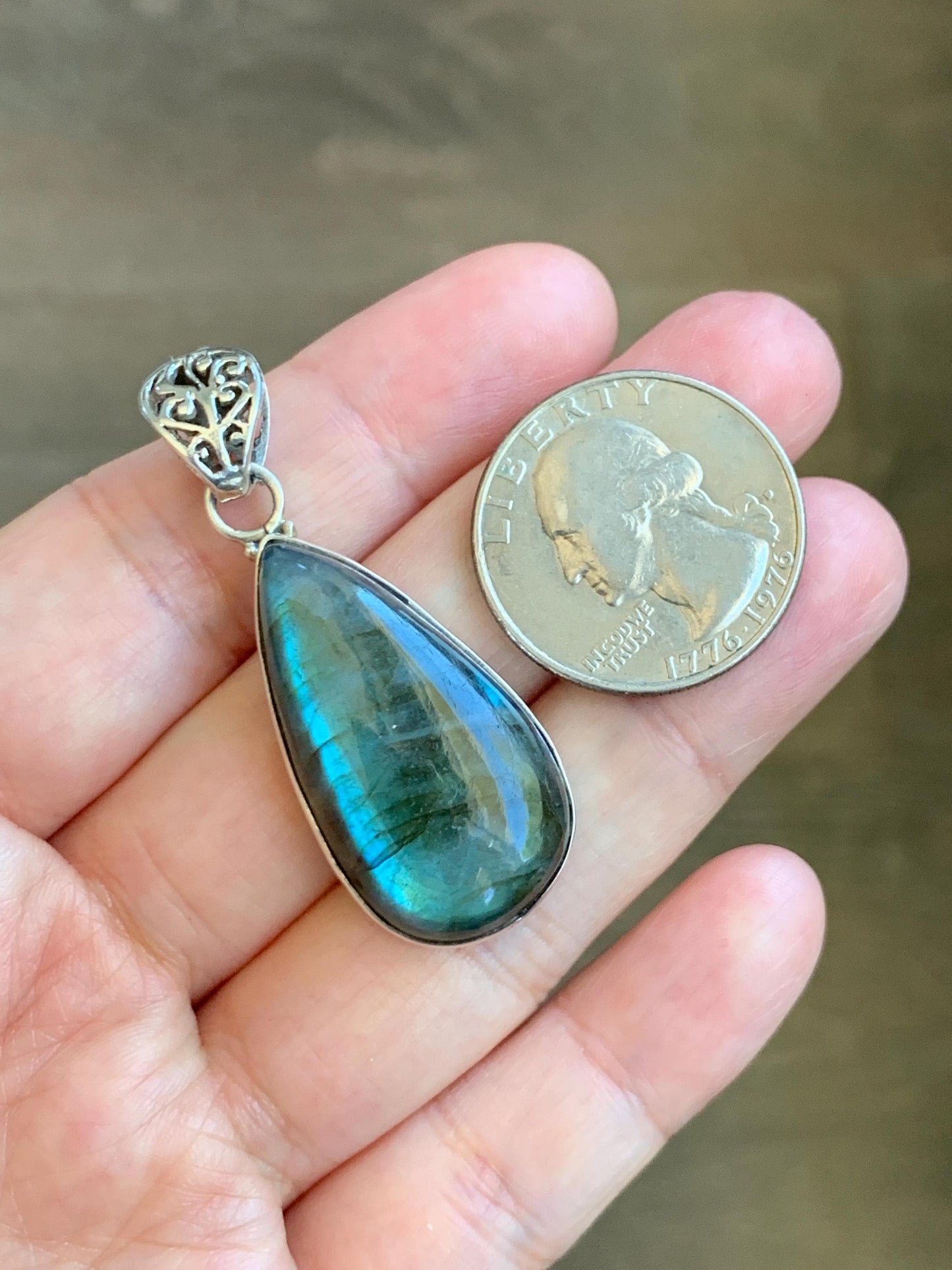 Natural Genuine labradorite Large Teardrop Pendant Sterling Silver 10g LAB