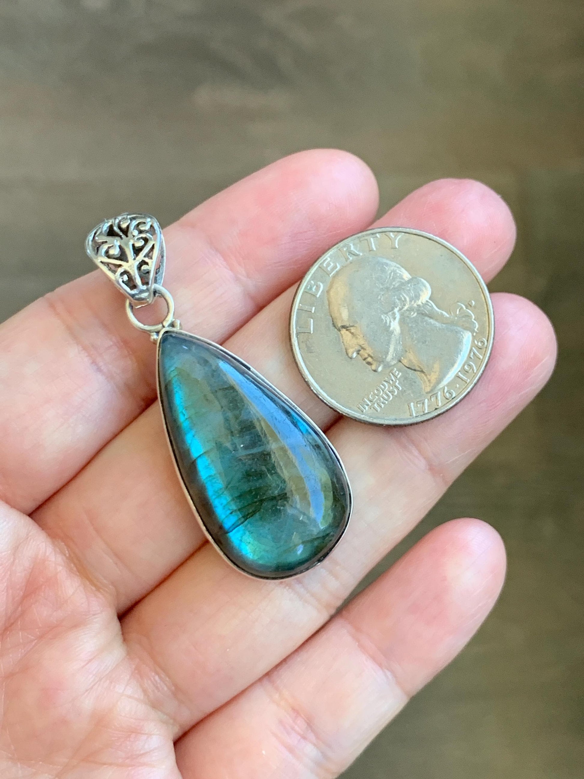 Natural Genuine labradorite Large Teardrop Pendant Sterling Silver 10g LAB