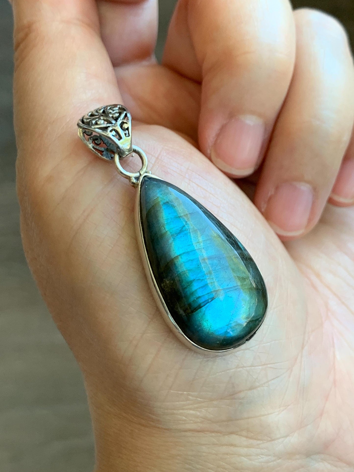 Natural Genuine labradorite Large Teardrop Pendant Sterling Silver 10g LAB