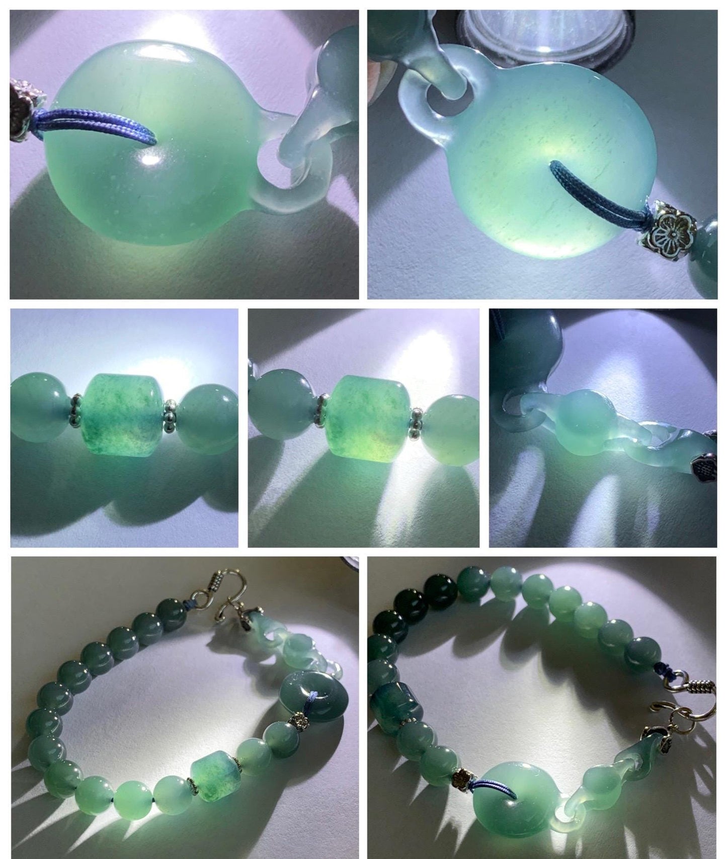 Natural Grade A Guatemalan Icy Teal Blue Jade Jadeite Interlocking Ping An Kou Donut Beaded Bracelet Sterling Silver 天然冰胶危蓝翡翠平安扣手链 WHH310