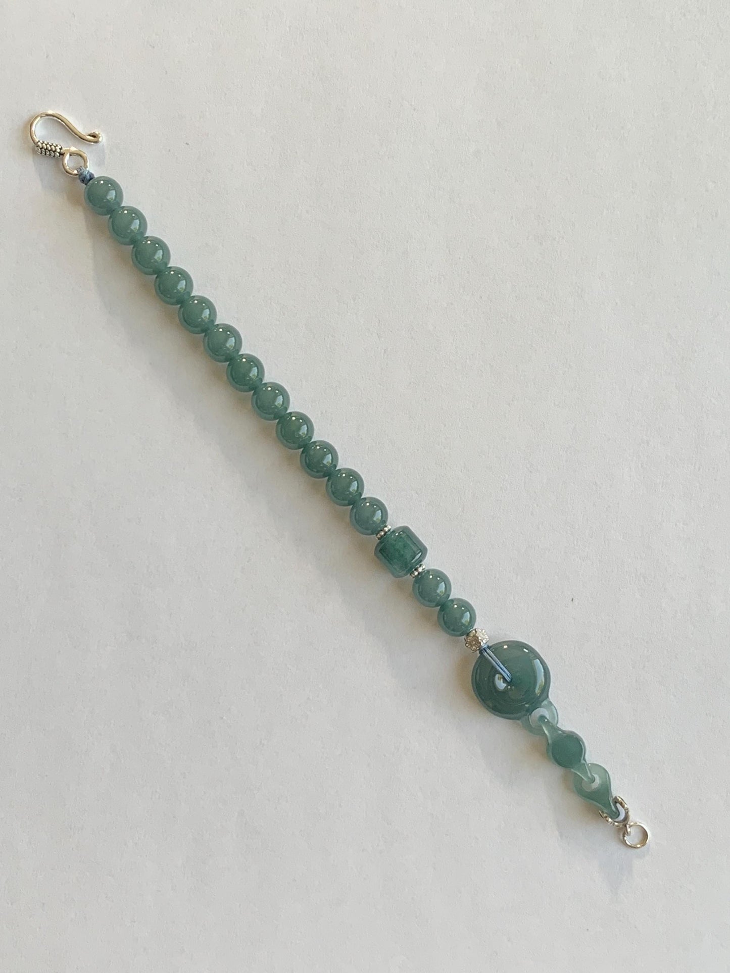 Natural Grade A Guatemalan Icy Teal Blue Jade Jadeite Interlocking Ping An Kou Donut Beaded Bracelet Sterling Silver 天然冰胶危蓝翡翠平安扣手链 WHH310