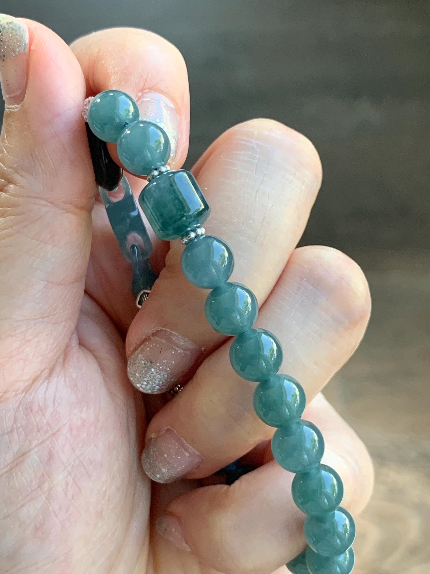 Natural Grade A Guatemalan Icy Teal Blue Jade Jadeite Interlocking Ping An Kou Donut Beaded Bracelet Sterling Silver 天然冰胶危蓝翡翠平安扣手链 WHH310