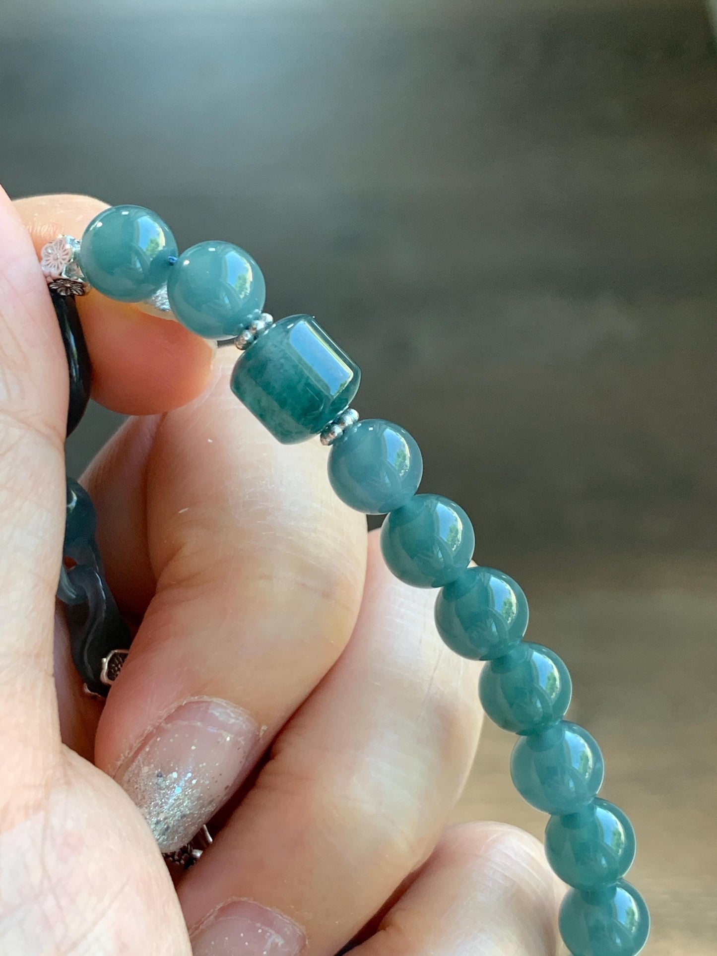 Natural Grade A Guatemalan Icy Teal Blue Jade Jadeite Interlocking Ping An Kou Donut Beaded Bracelet Sterling Silver 天然冰胶危蓝翡翠平安扣手链 WHH310