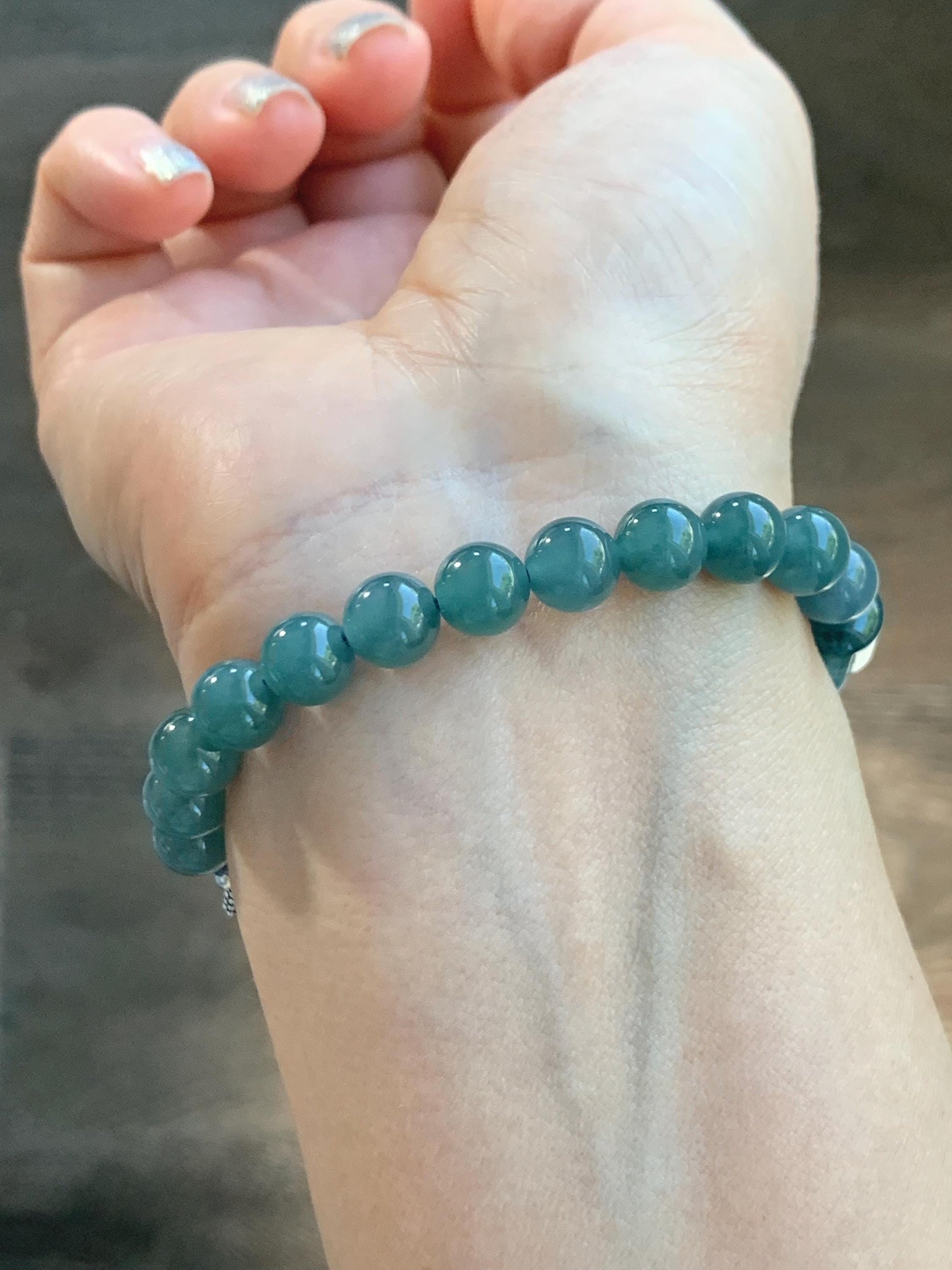 Natural Grade A Guatemalan Icy Teal Blue Jade Jadeite Interlocking Ping An Kou Donut Beaded Bracelet Sterling Silver 天然冰胶危蓝翡翠平安扣手链 WHH310