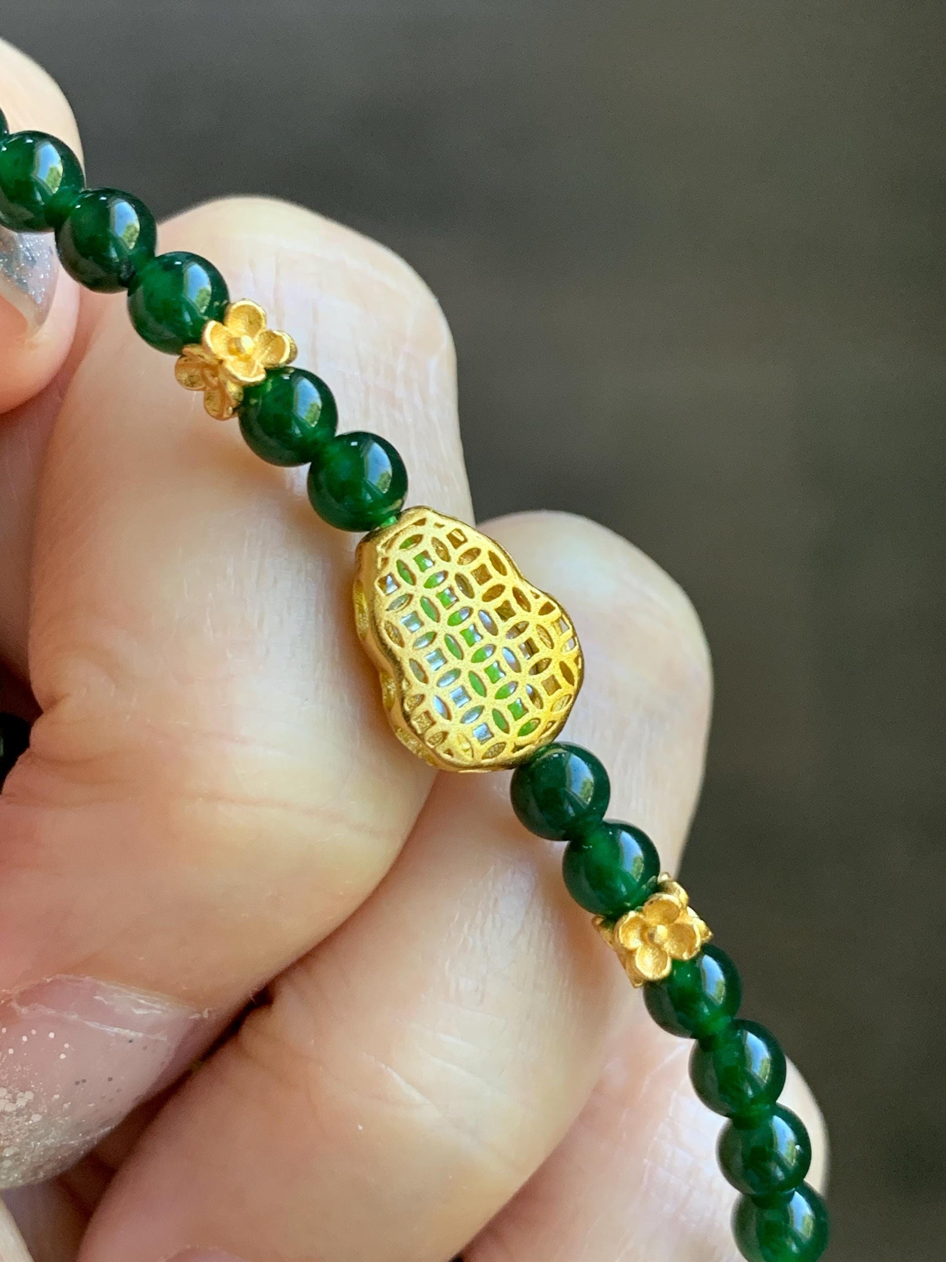 Natural Grade A Guatemalan Icy Translucent Dark Green Jade Jadeite Gourd Charm Petite Beads Beaded Bracelet 6.75” 天然冰危绿翡翠葫芦小圆珠手串 WLH391