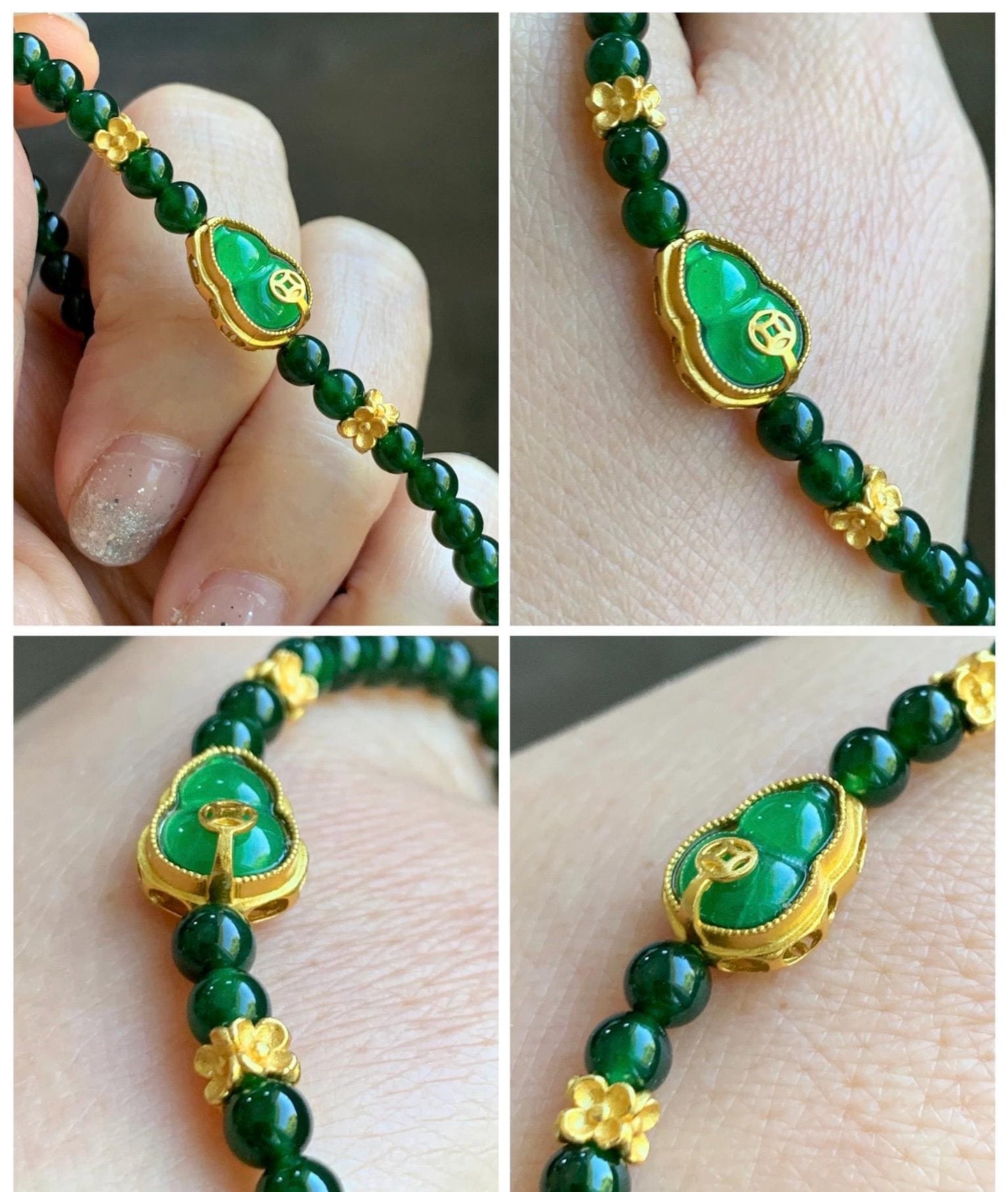 Natural Grade A Guatemalan Icy Translucent Dark Green Jade Jadeite Gourd Charm Petite Beads Beaded Bracelet 6.75” 天然冰危绿翡翠葫芦小圆珠手串 WLH391