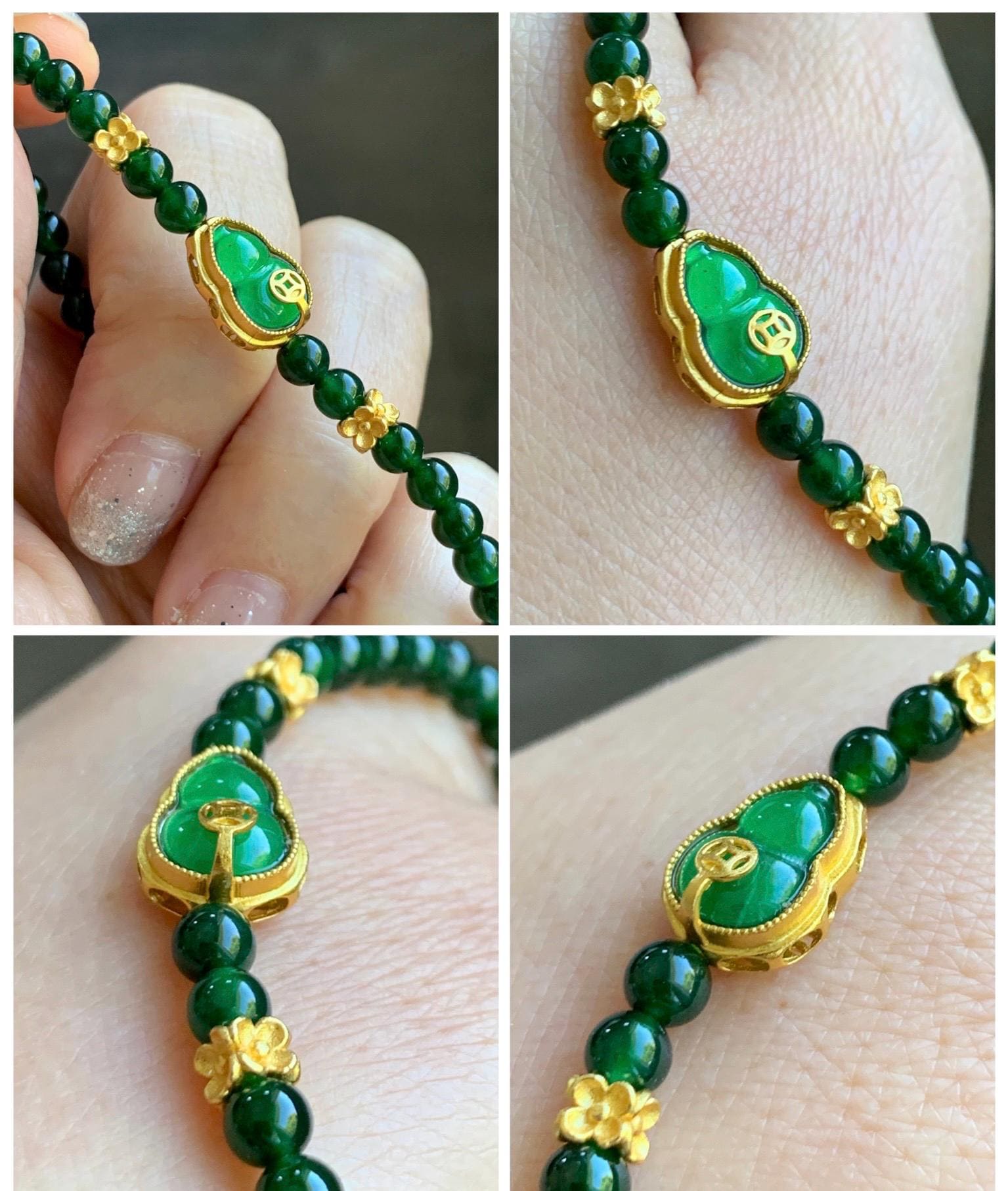 Natural Grade A Guatemalan Icy Translucent Dark Green Jade Jadeite Gourd Charm Petite Beads Beaded Bracelet 6.75” 天然冰危绿翡翠葫芦小圆珠手串 WLH391
