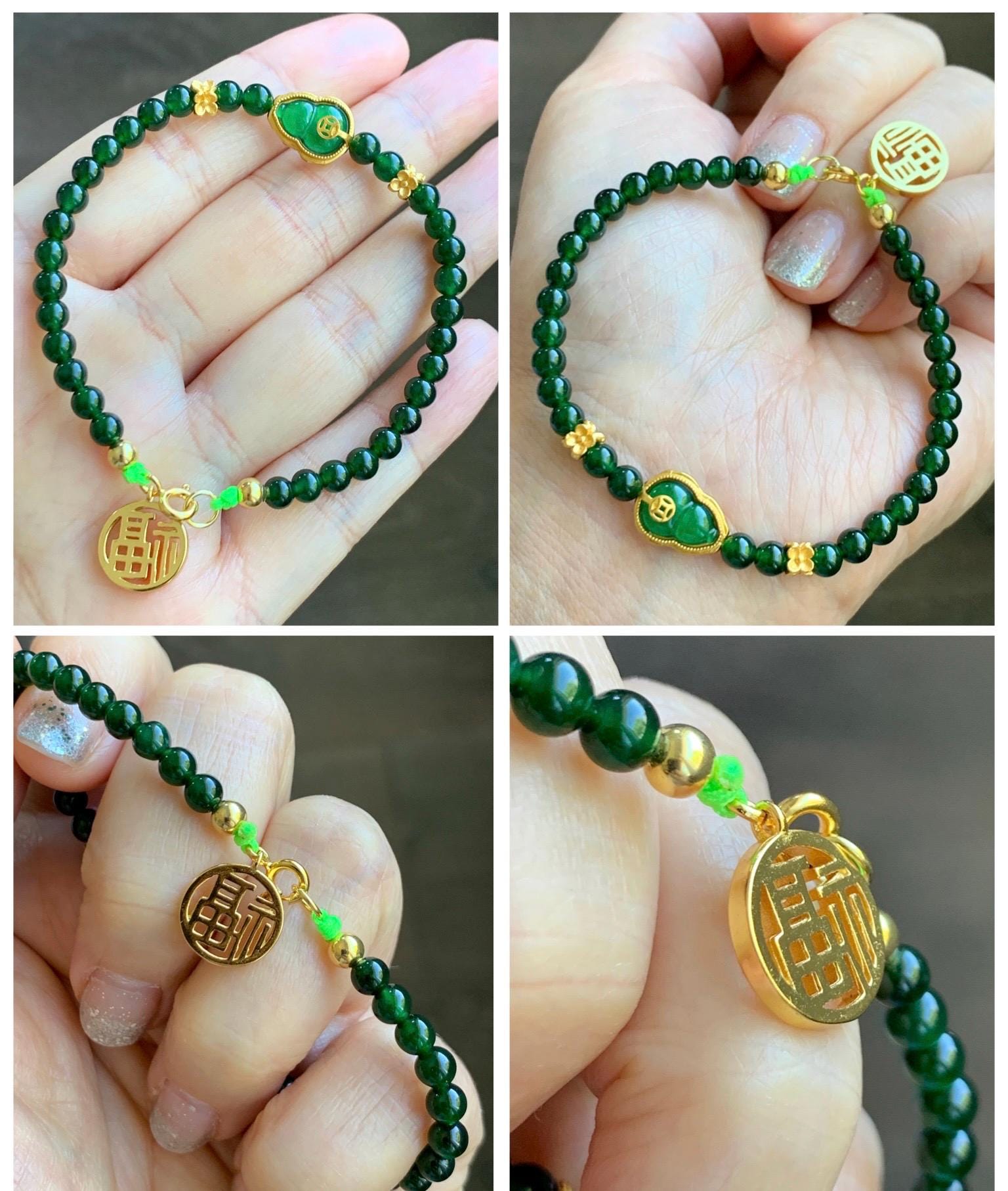 Natural Grade A Guatemalan Icy Translucent Dark Green Jade Jadeite Gourd Charm Petite Beads Beaded Bracelet 6.75” 天然冰危绿翡翠葫芦小圆珠手串 WLH391