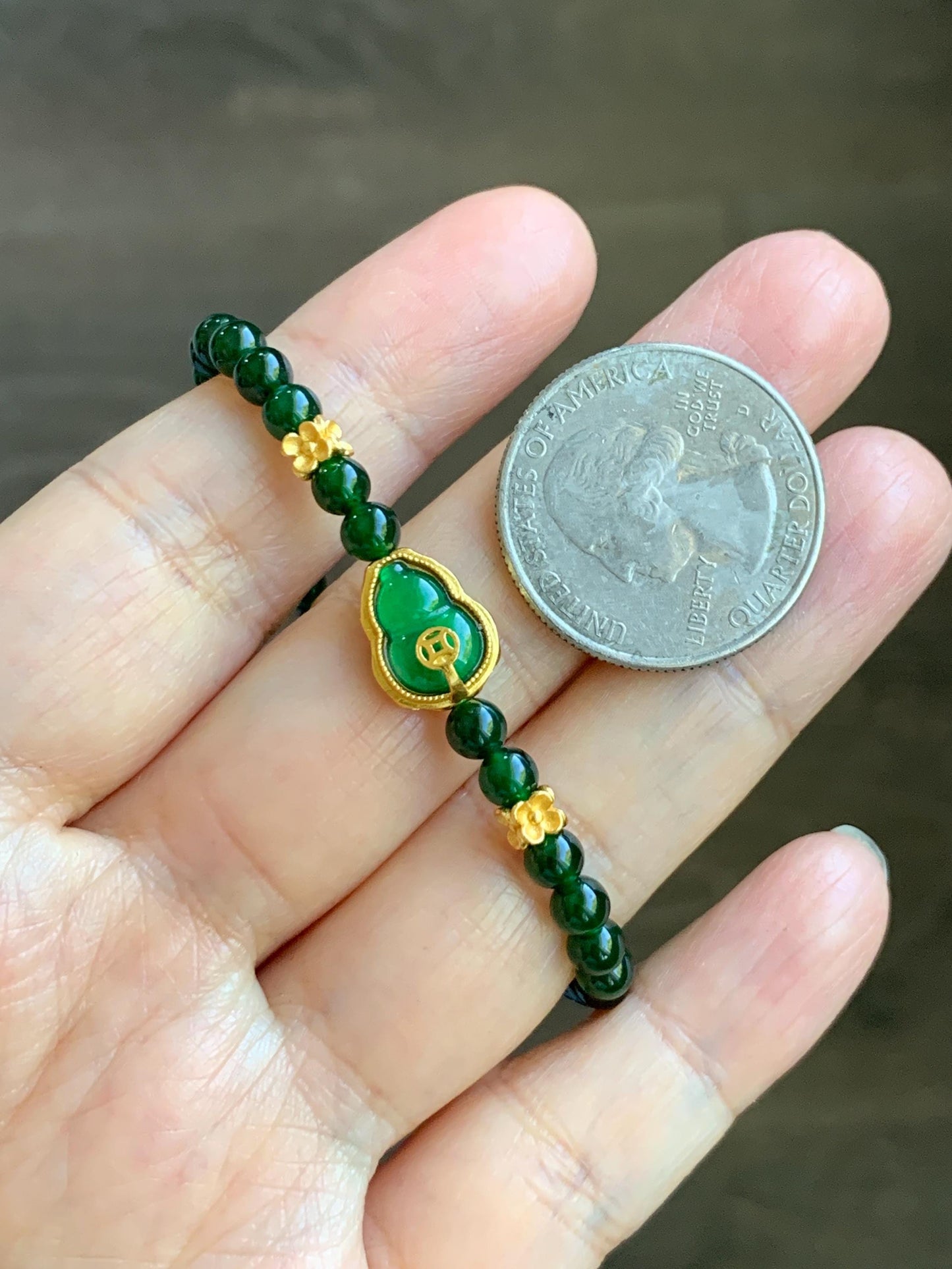 Natural Grade A Guatemalan Icy Translucent Dark Green Jade Jadeite Gourd Charm Petite Beads Beaded Bracelet 6.75” 天然冰危绿翡翠葫芦小圆珠手串 WLH391