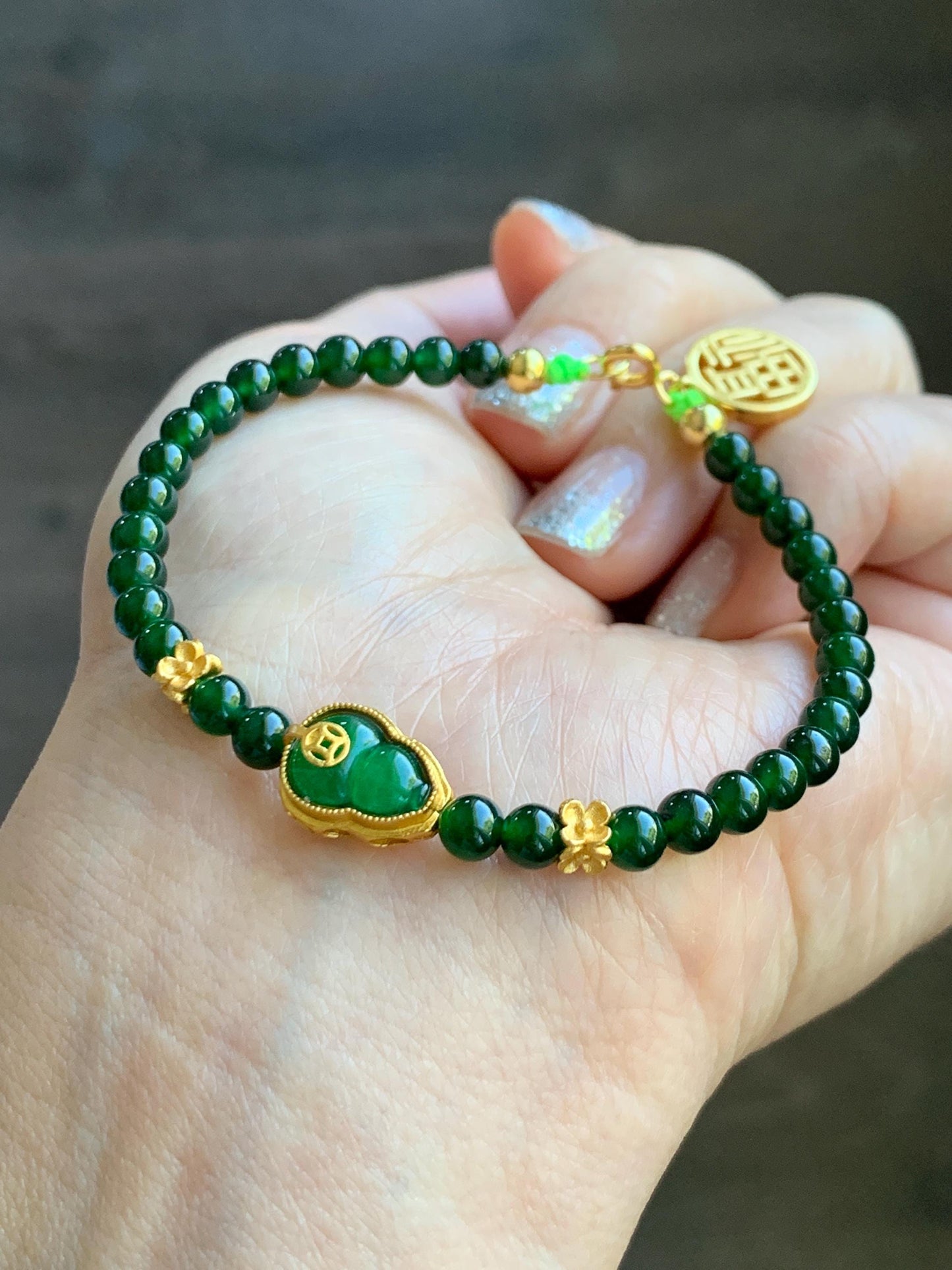 Natural Grade A Guatemalan Icy Translucent Dark Green Jade Jadeite Gourd Charm Petite Beads Beaded Bracelet 6.75” 天然冰危绿翡翠葫芦小圆珠手串 WLH391