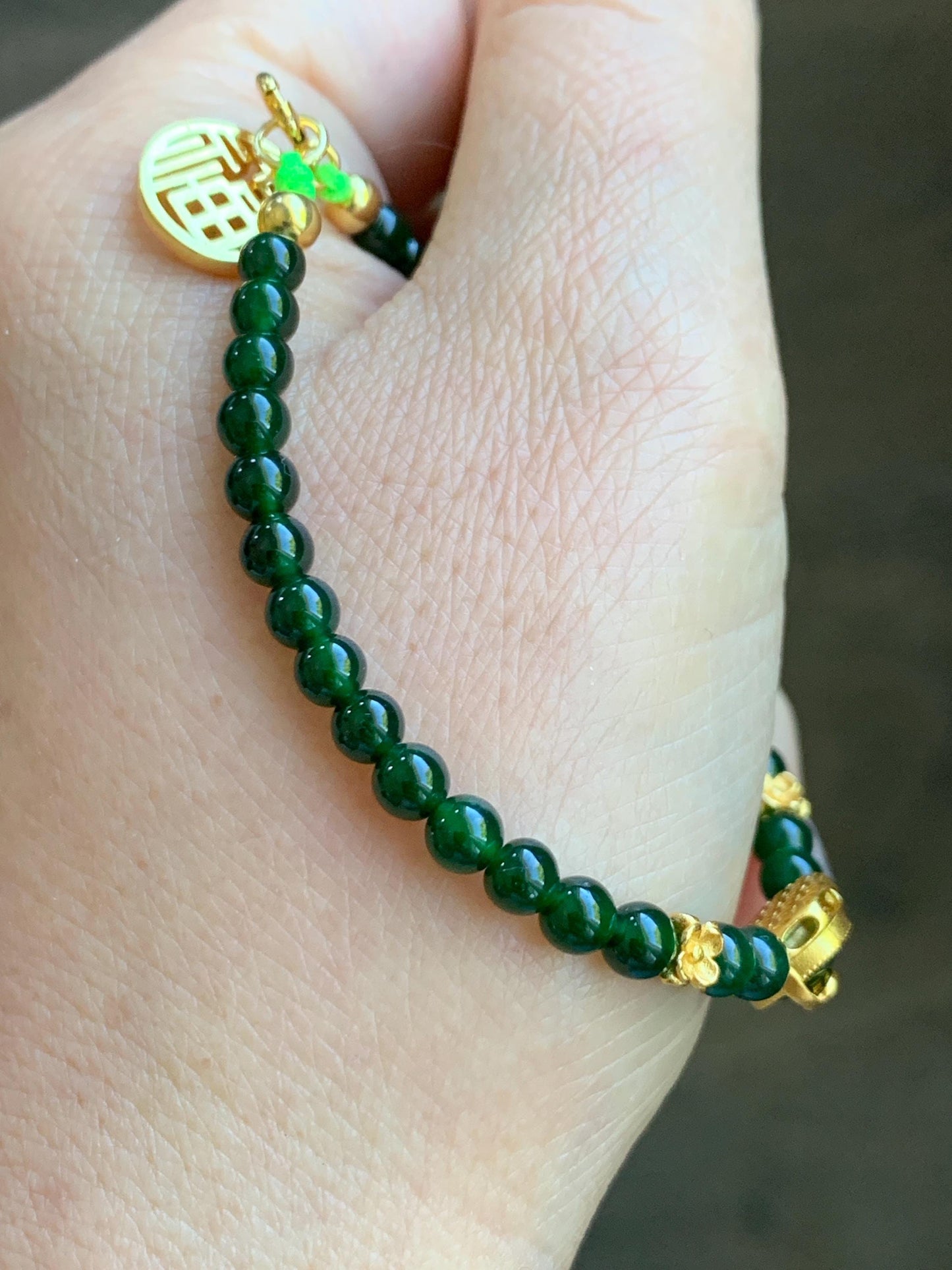 Natural Grade A Guatemalan Icy Translucent Dark Green Jade Jadeite Gourd Charm Petite Beads Beaded Bracelet 6.75” 天然冰危绿翡翠葫芦小圆珠手串 WLH391
