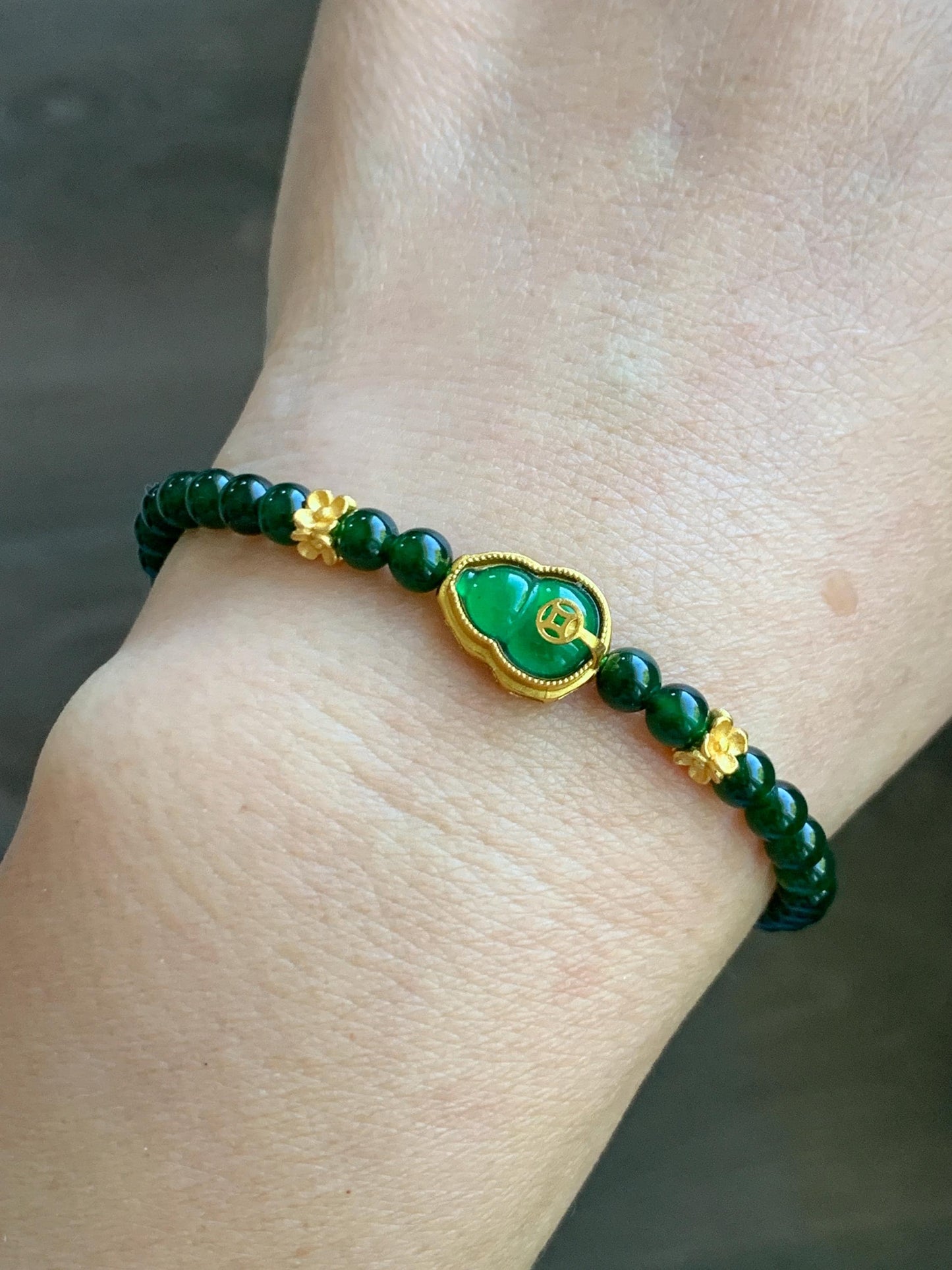 Natural Grade A Guatemalan Icy Translucent Dark Green Jade Jadeite Gourd Charm Petite Beads Beaded Bracelet 6.75” 天然冰危绿翡翠葫芦小圆珠手串 WLH391
