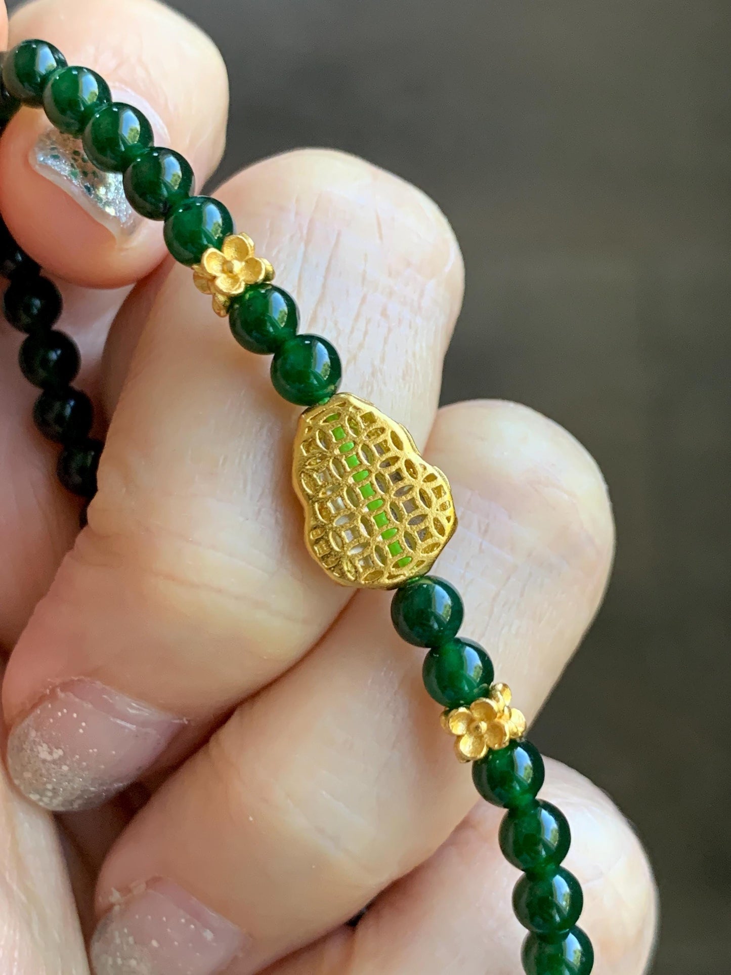 Natural Grade A Guatemalan Icy Translucent Dark Green Jade Jadeite Gourd Charm Petite Beads Beaded Bracelet 6.75” 天然冰危绿翡翠葫芦小圆珠手串 WLH391