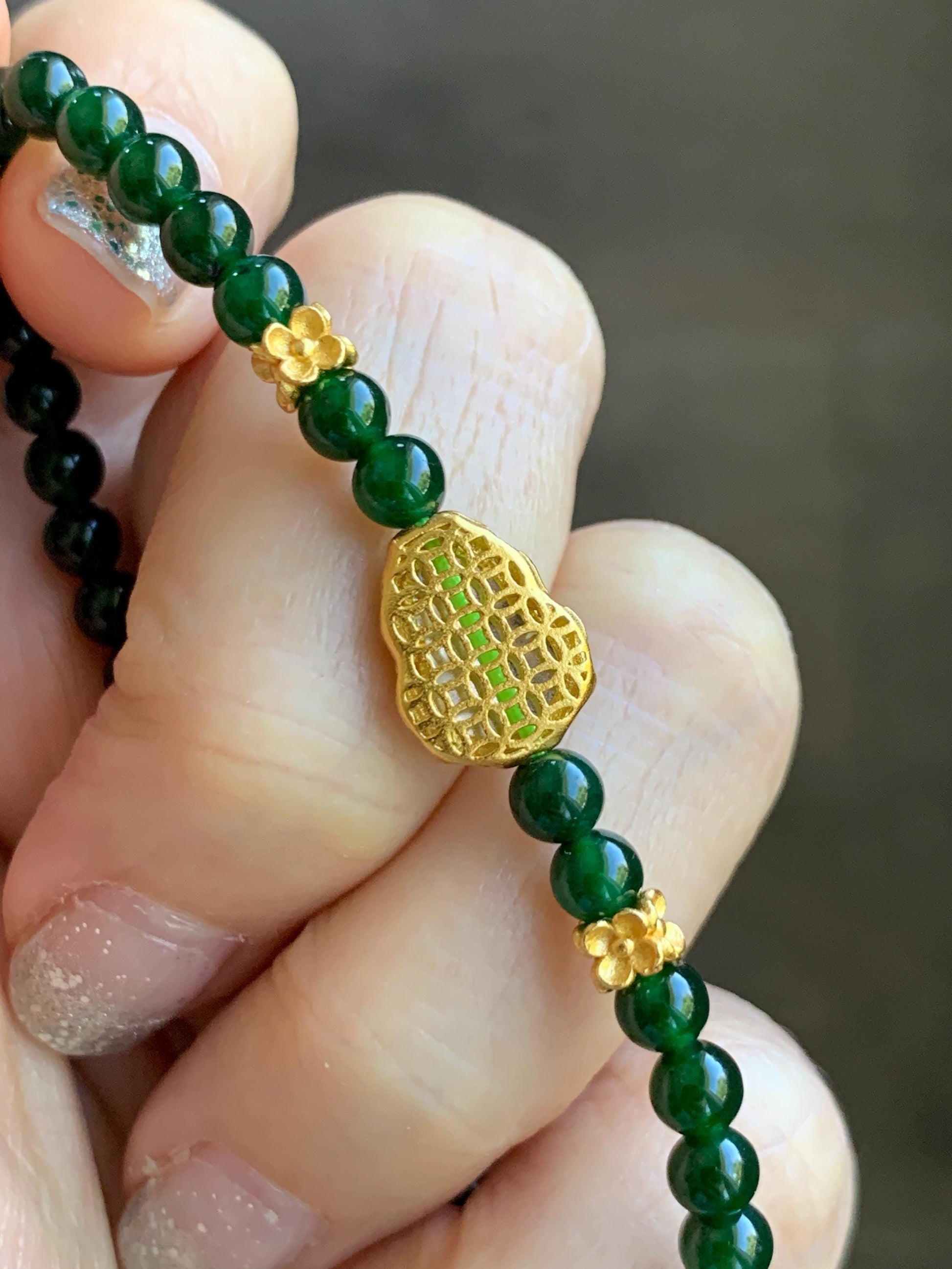 Natural Grade A Guatemalan Icy Translucent Dark Green Jade Jadeite Gourd Charm Petite Beads Beaded Bracelet 6.75” 天然冰危绿翡翠葫芦小圆珠手串 WLH391