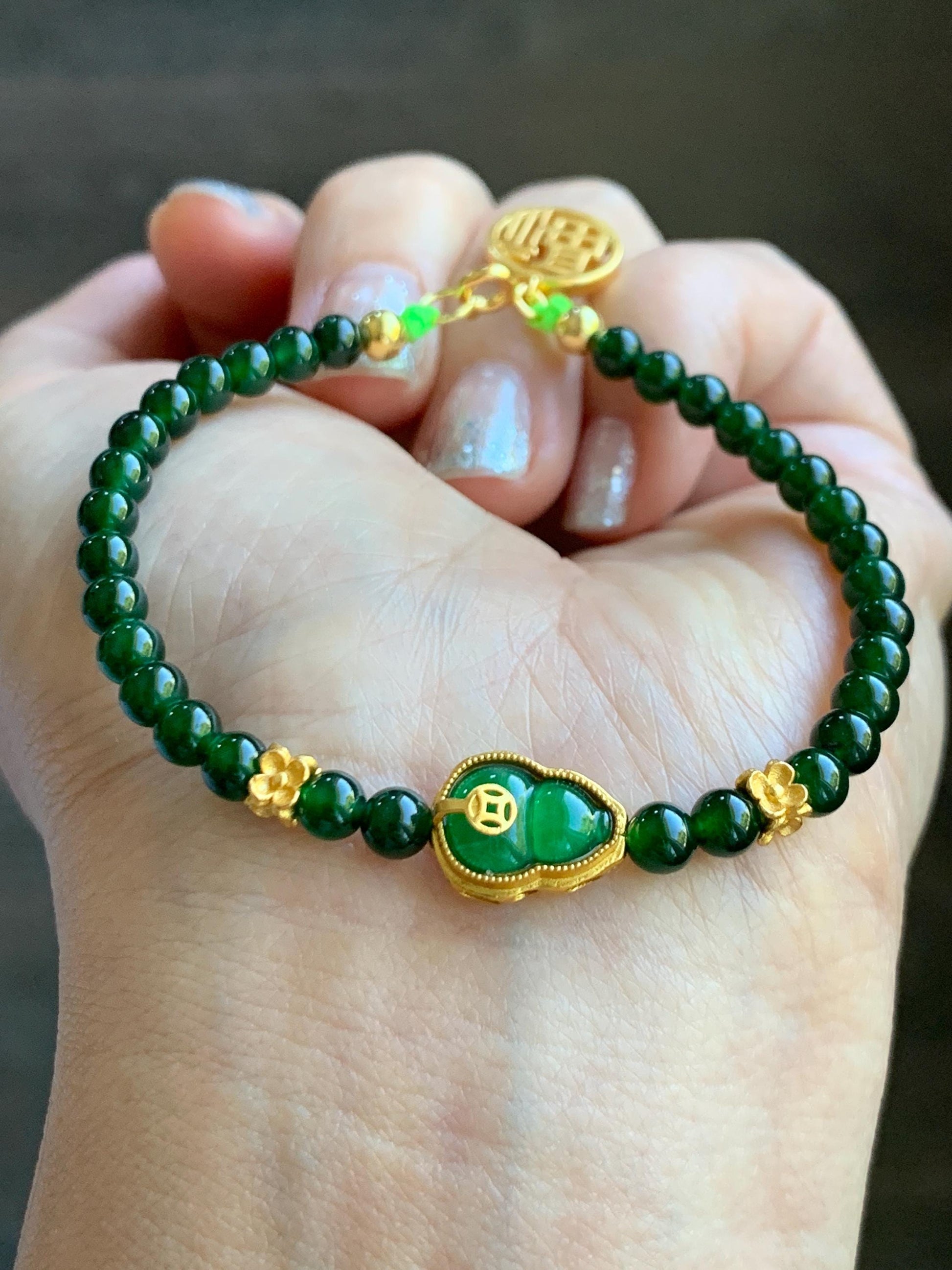 Natural Grade A Guatemalan Icy Translucent Dark Green Jade Jadeite Gourd Charm Petite Beads Beaded Bracelet 6.75” 天然冰危绿翡翠葫芦小圆珠手串 WLH391