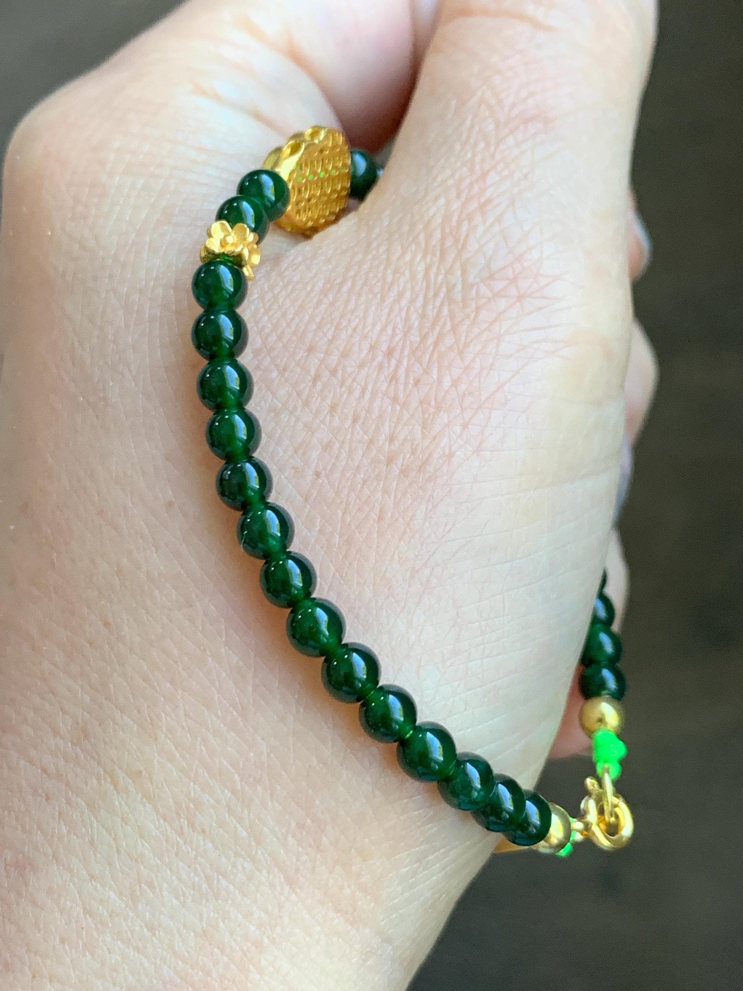 Natural Grade A Guatemalan Icy Translucent Dark Green Jade Jadeite Gourd Charm Petite Beads Beaded Bracelet 6.75” 天然冰危绿翡翠葫芦小圆珠手串 WLH391
