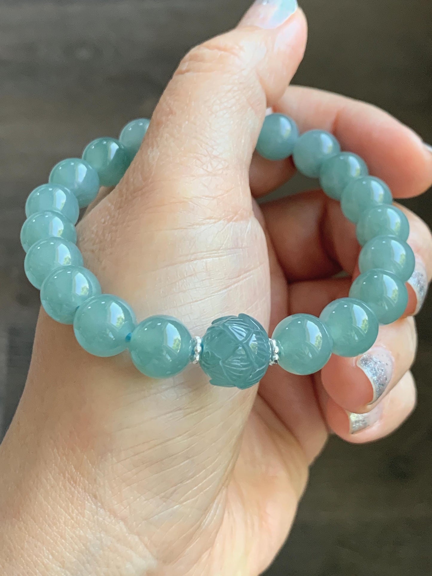 Natural Grade A Guatemalan Icy Translucent Teal Jade Jadeite Lotus Flower Bead Beaded Bracelet 7.75” Sterling Silver 天然冰危蓝翡翠莲花珠手串WVH290
