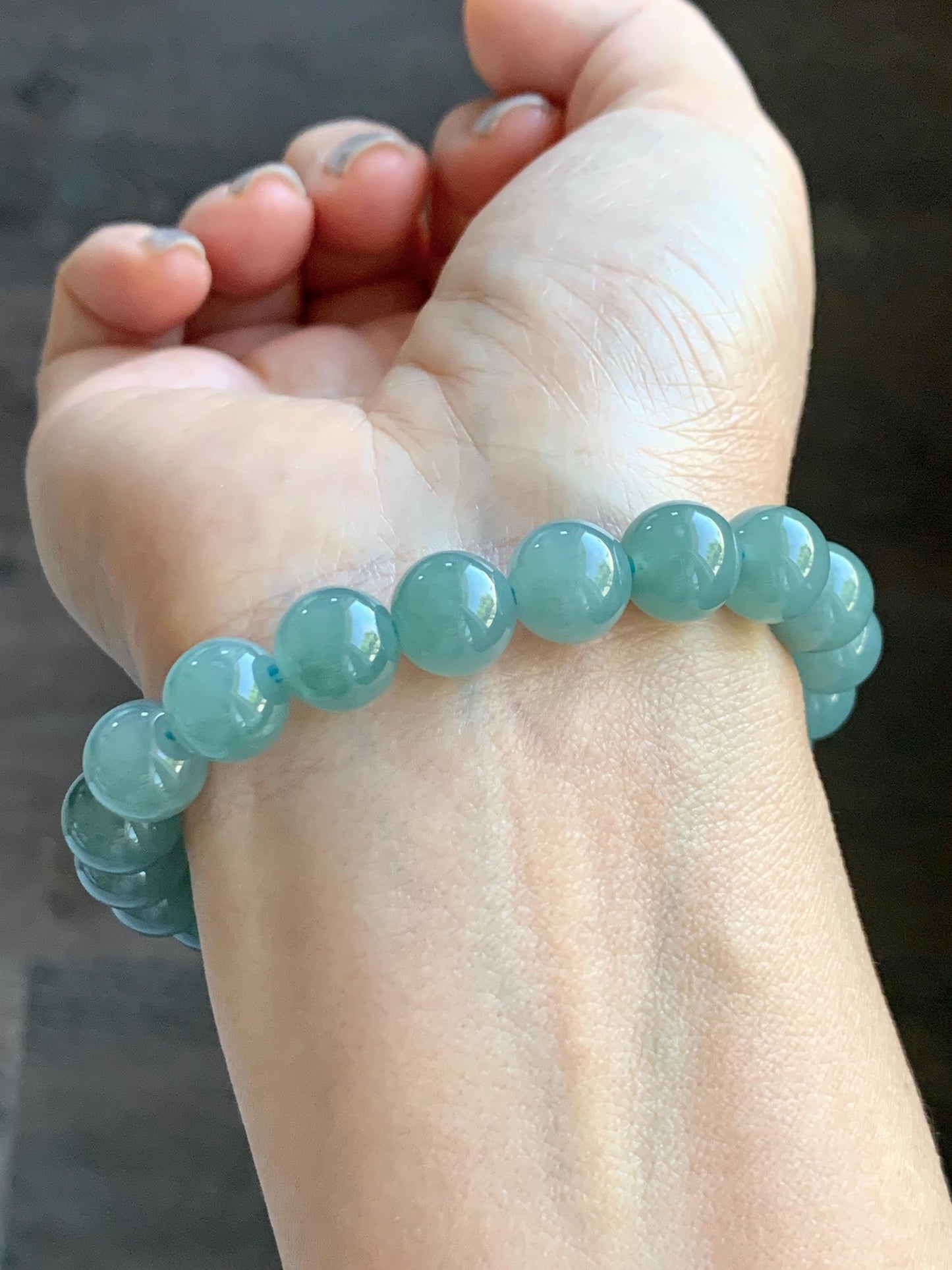Natural Grade A Guatemalan Icy Translucent Teal Jade Jadeite Lotus Flower Bead Beaded Bracelet 7.75” Sterling Silver 天然冰危蓝翡翠莲花珠手串WVH290