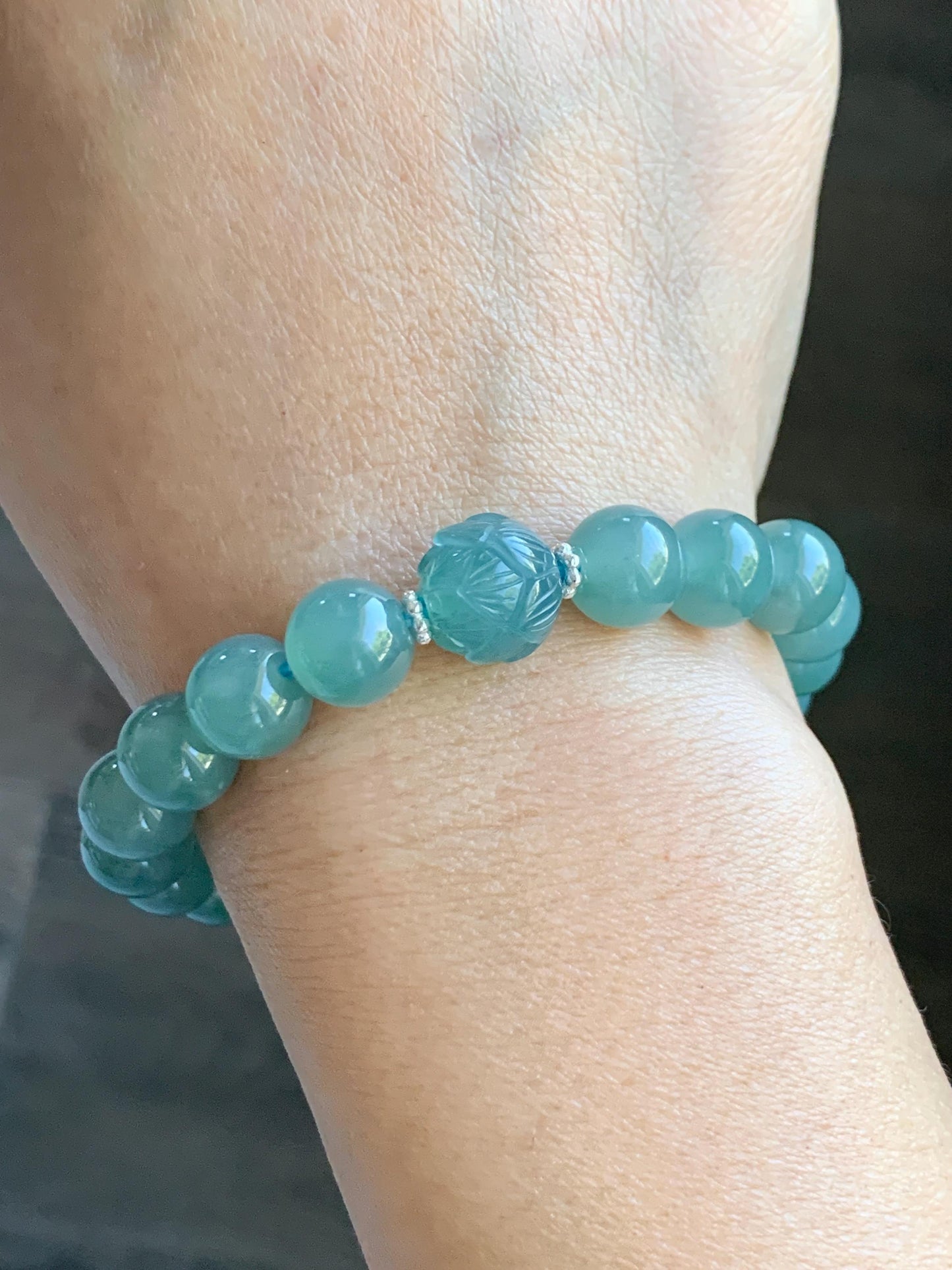 Natural Grade A Guatemalan Icy Translucent Teal Jade Jadeite Lotus Flower Bead Beaded Bracelet 7.75” Sterling Silver 天然冰危蓝翡翠莲花珠手串WVH290