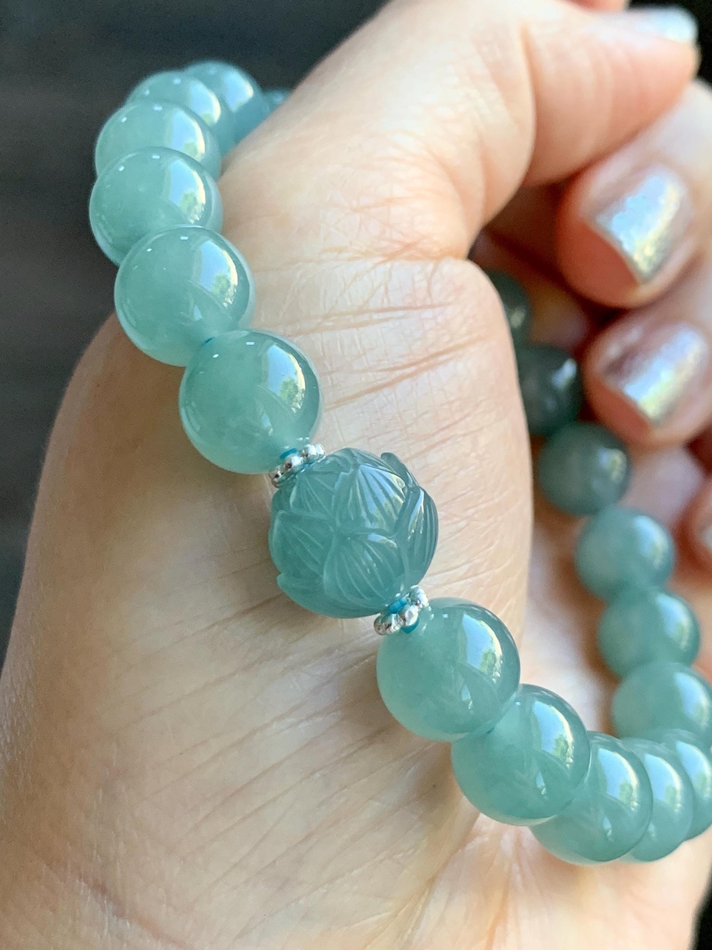 Natural Grade A Guatemalan Icy Translucent Teal Jade Jadeite Lotus Flower Bead Beaded Bracelet 7.75” Sterling Silver 天然冰危蓝翡翠莲花珠手串WVH290