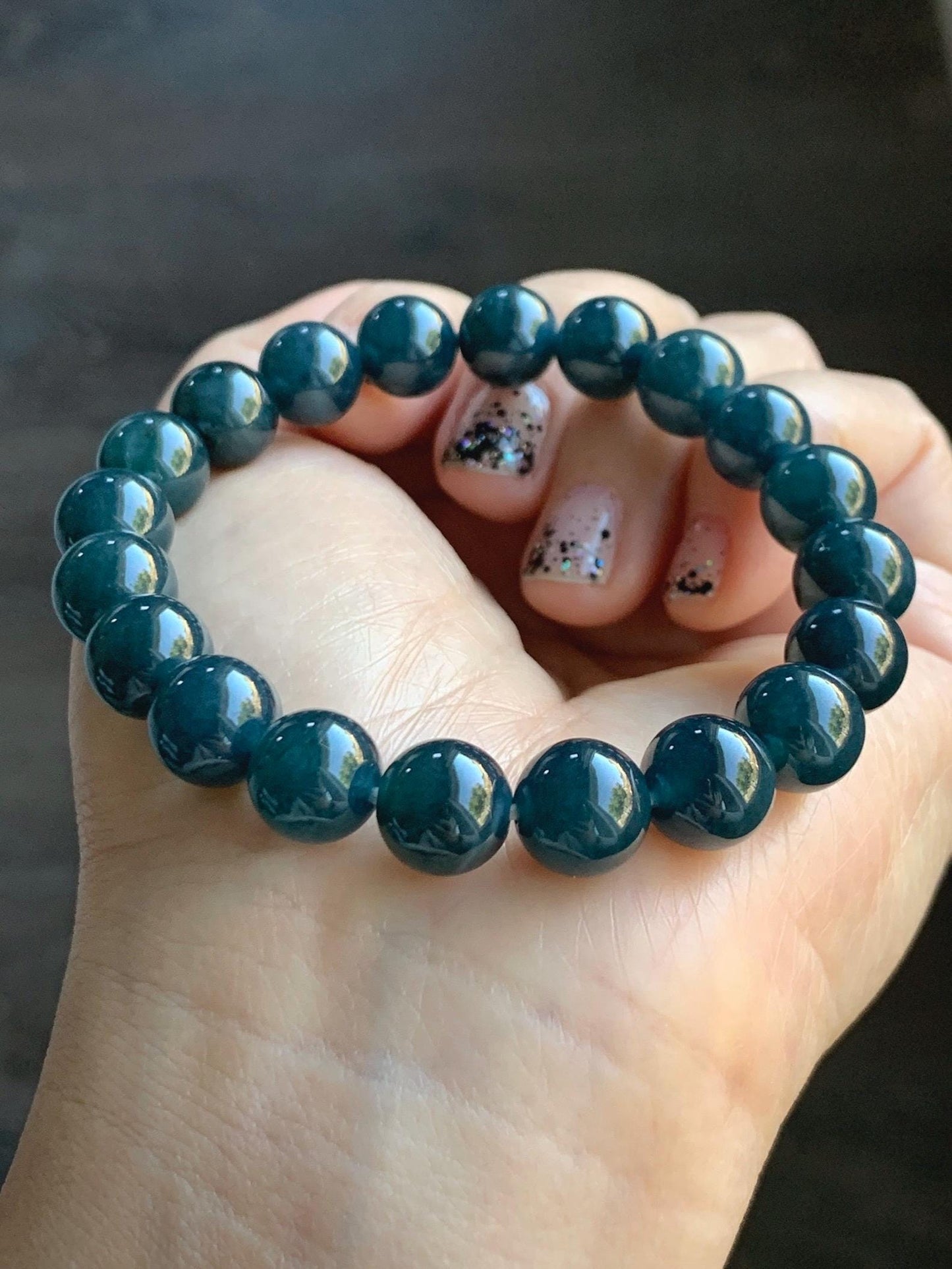 Natural Grade A Guatemalan Icy Translucent Dark Aegean Blue Jade Jadeite Beaded Bracelet 9.8mm 7.25” 33g 天然冰危深牛仔蓝翡翠圆珠手串 SNJ880A