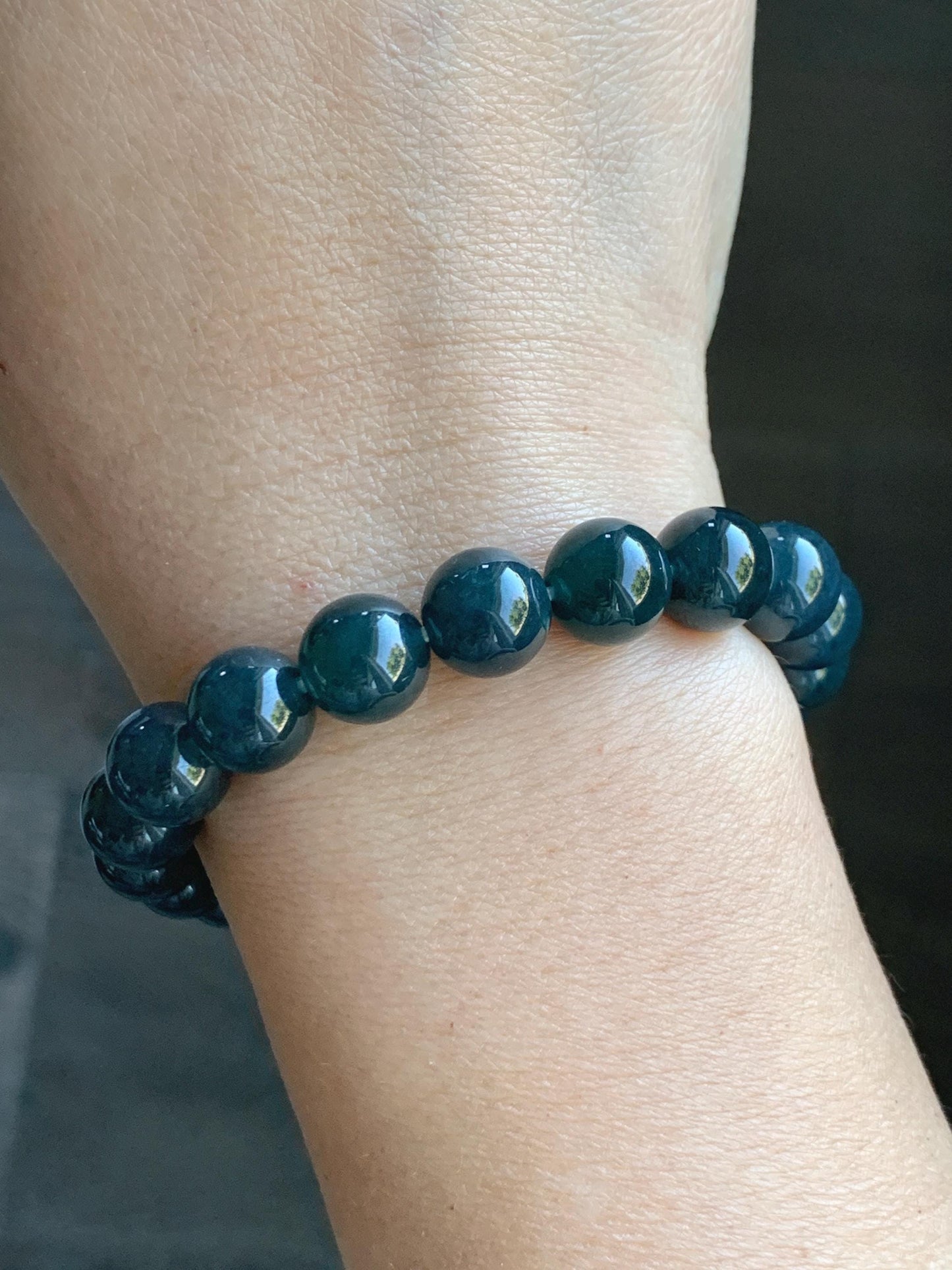 Natural Grade A Guatemalan Icy Translucent Dark Aegean Blue Jade Jadeite Beaded Bracelet 9.8mm 7.25” 33g 天然冰危深牛仔蓝翡翠圆珠手串 SNJ880A