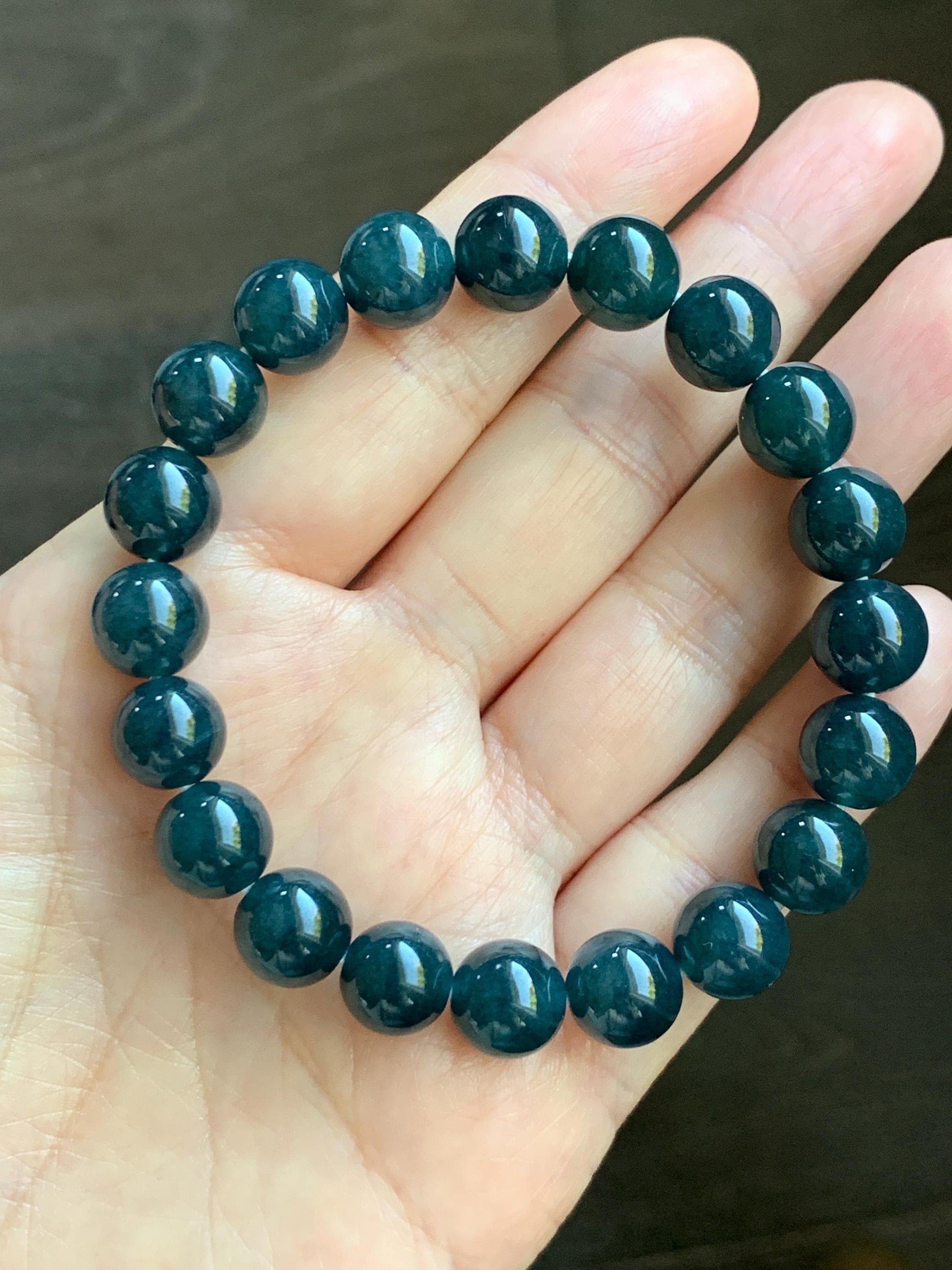 Natural Grade A Guatemalan Icy Translucent Dark Aegean Blue Jade Jadeite Beaded Bracelet 9.8mm 7.25” 33g 天然冰危深牛仔蓝翡翠圆珠手串 SNJ880A