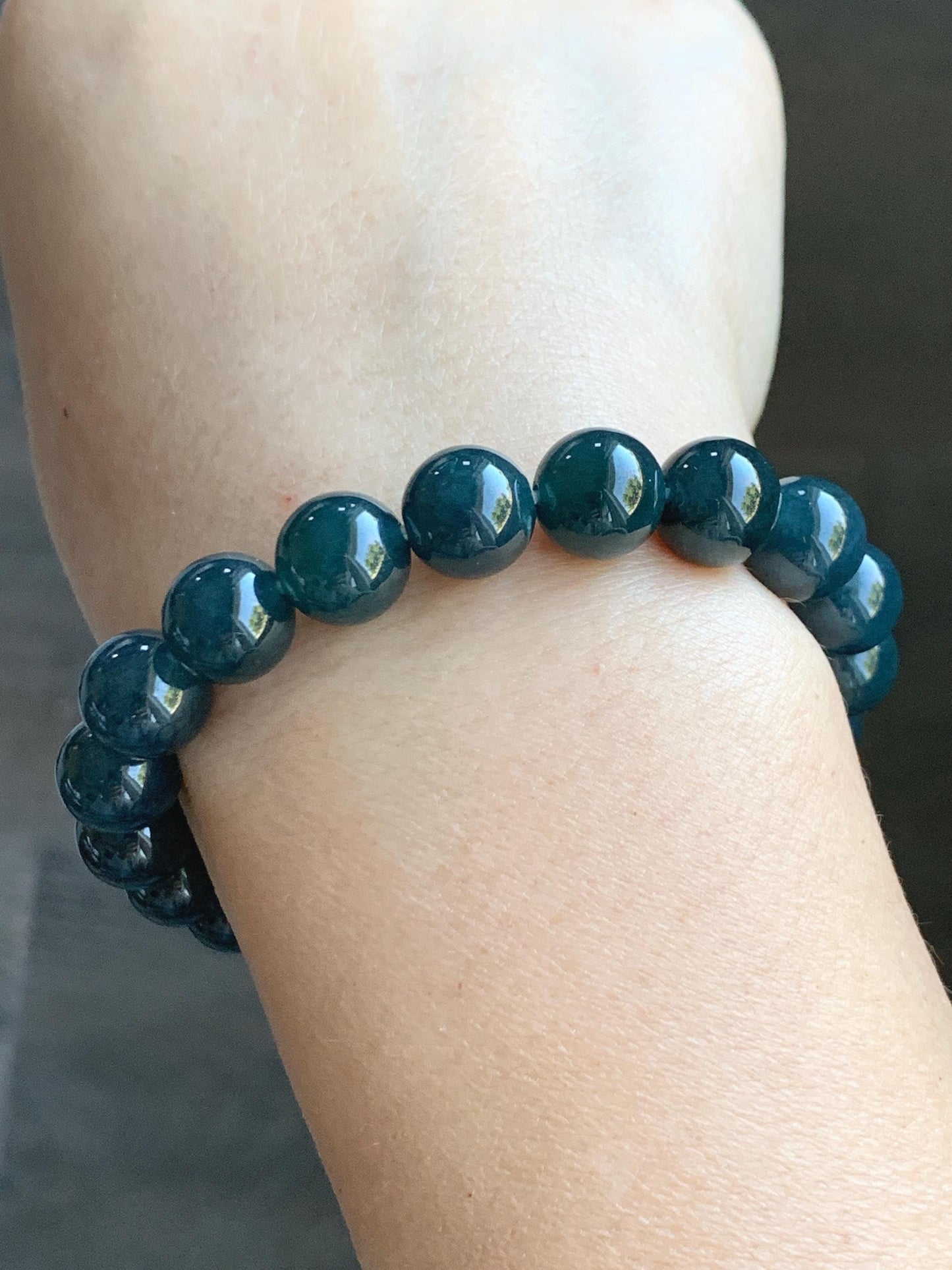 Natural Grade A Guatemalan Icy Translucent Dark Aegean Blue Jade Jadeite Beaded Bracelet 9.8mm 7.25” 33g 天然冰危深牛仔蓝翡翠圆珠手串 SNJ880A