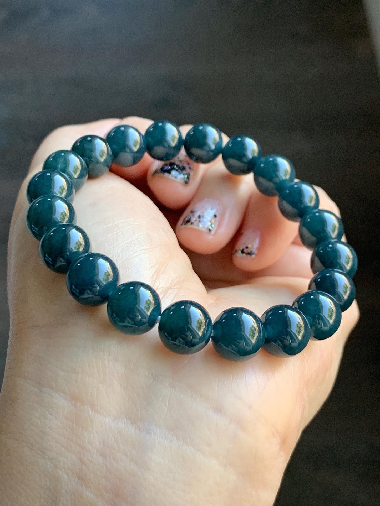 Natural Grade A Guatemalan Icy Translucent Dark Aegean Blue Jade Jadeite Beaded Bracelet 9.8mm 7.25” 33g 天然冰危深牛仔蓝翡翠圆珠手串 SNJ880A