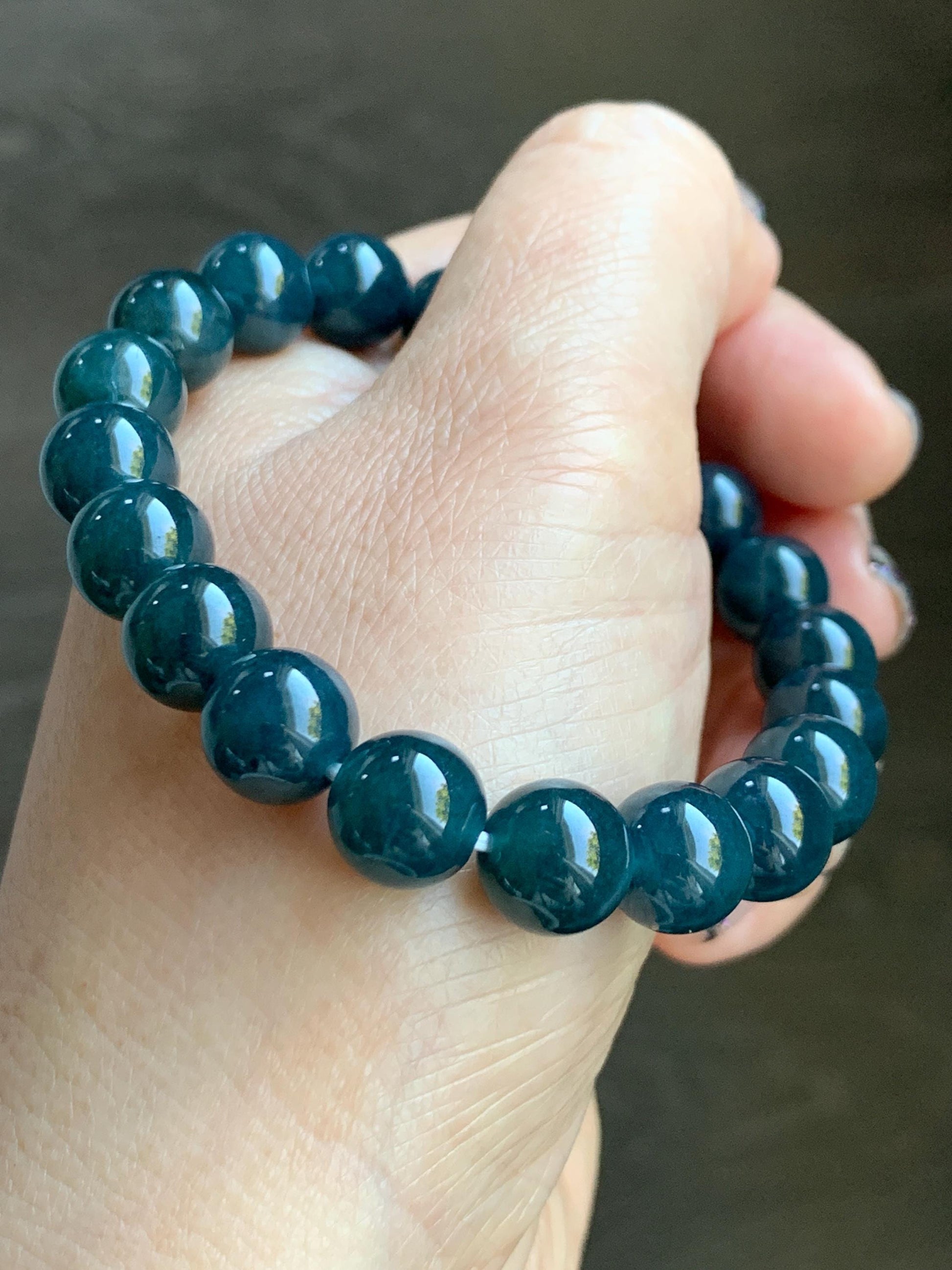 Natural Grade A Guatemalan Icy Translucent Dark Aegean Blue Jade Jadeite Beaded Bracelet 9.8mm 7.25” 33g 天然冰危深牛仔蓝翡翠圆珠手串 SNJ880A