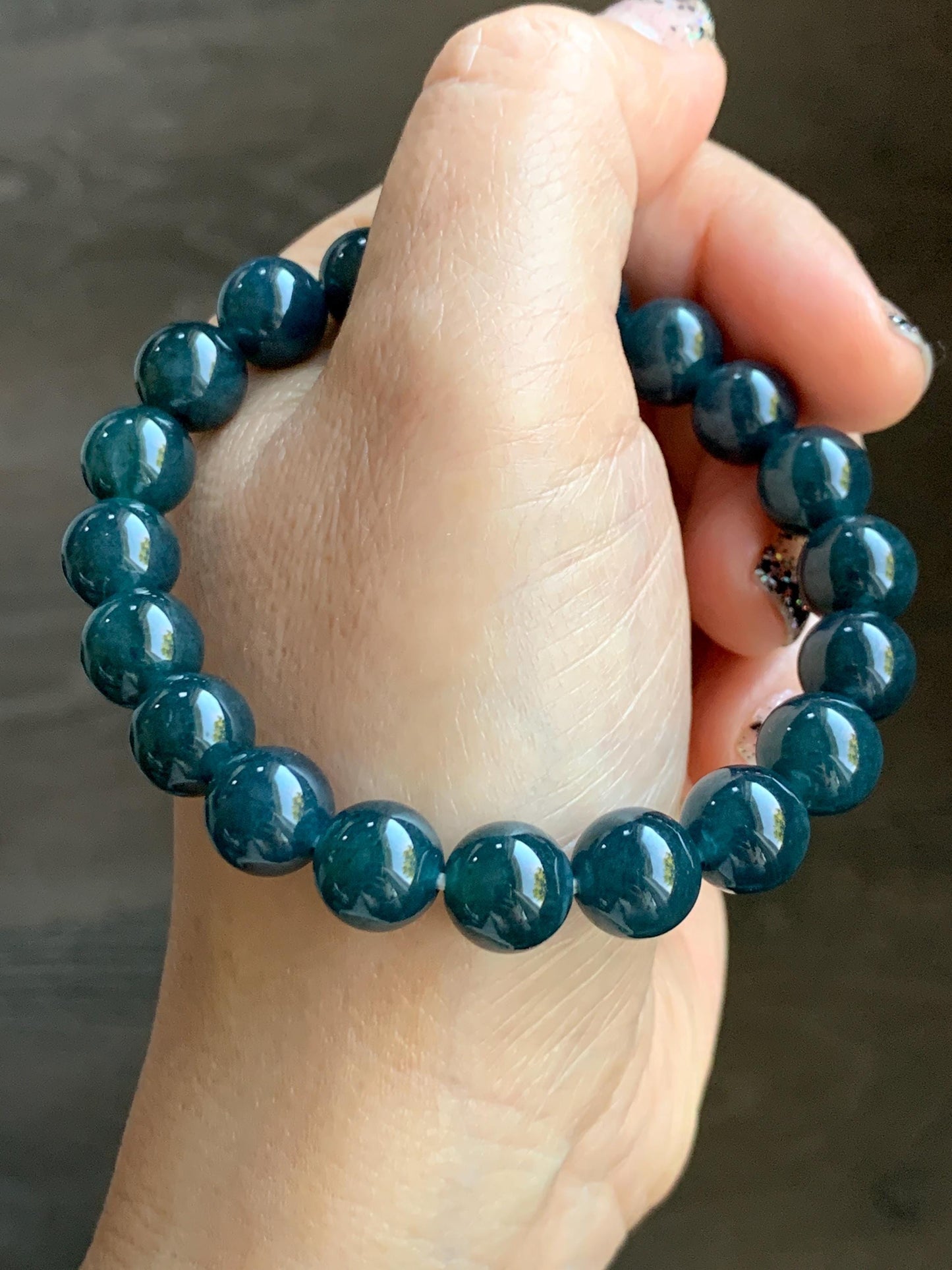 Natural Grade A Guatemalan Icy Translucent Dark Aegean Blue Jade Jadeite Beaded Bracelet 9.8mm 7.25” 33g 天然冰危深牛仔蓝翡翠圆珠手串 SNJ880A