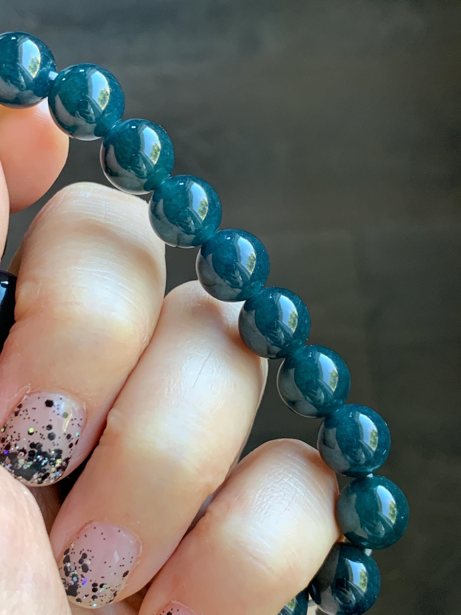 Natural Grade A Guatemalan Icy Translucent Dark Aegean Blue Jade Jadeite Beaded Bracelet 9.8mm 7.25” 33g 天然冰危深牛仔蓝翡翠圆珠手串 SNJ880A