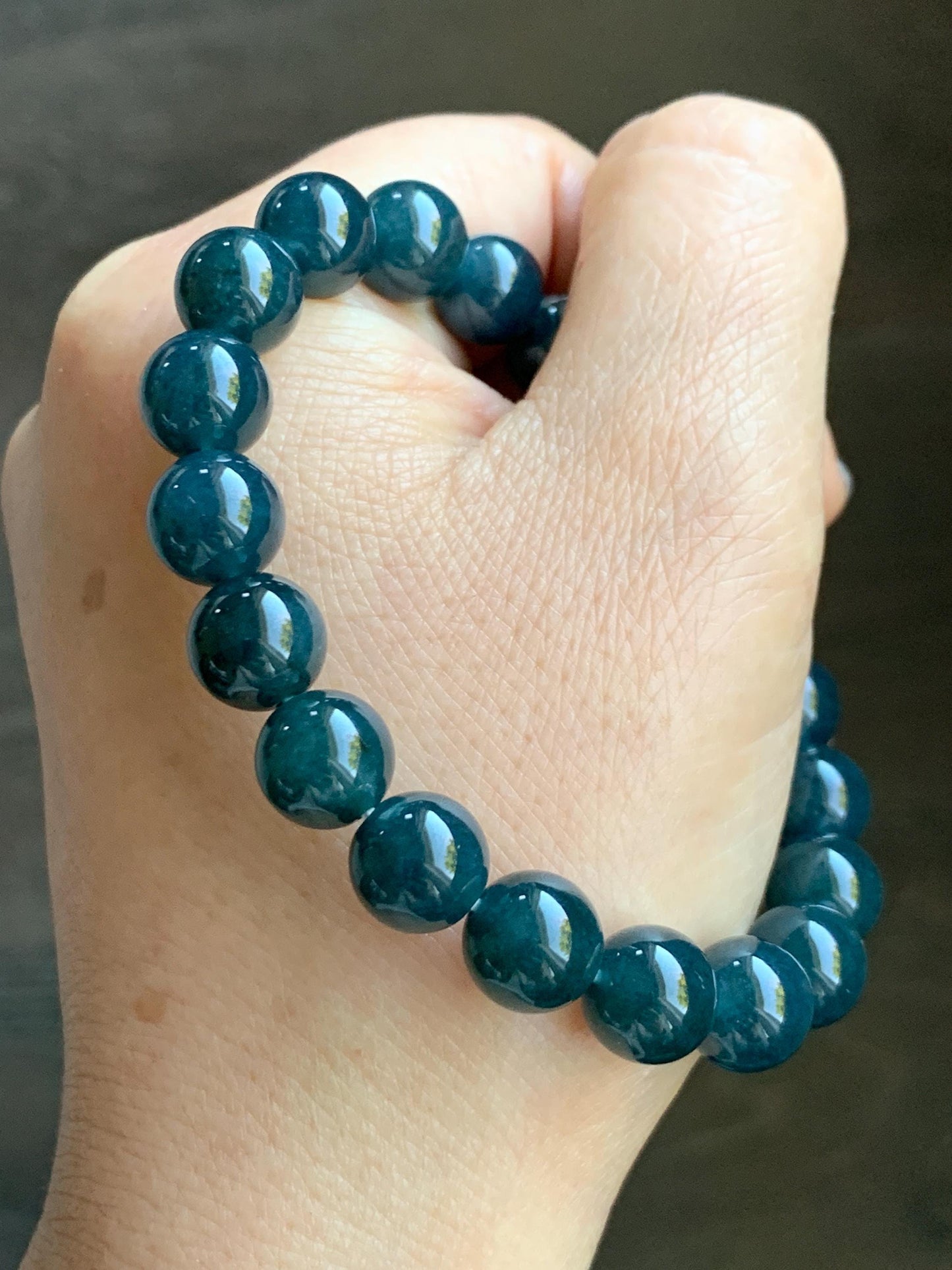Natural Grade A Guatemalan Icy Translucent Dark Aegean Blue Jade Jadeite Beaded Bracelet 9.8mm 7.25” 33g 天然冰危深牛仔蓝翡翠圆珠手串 SNJ880A