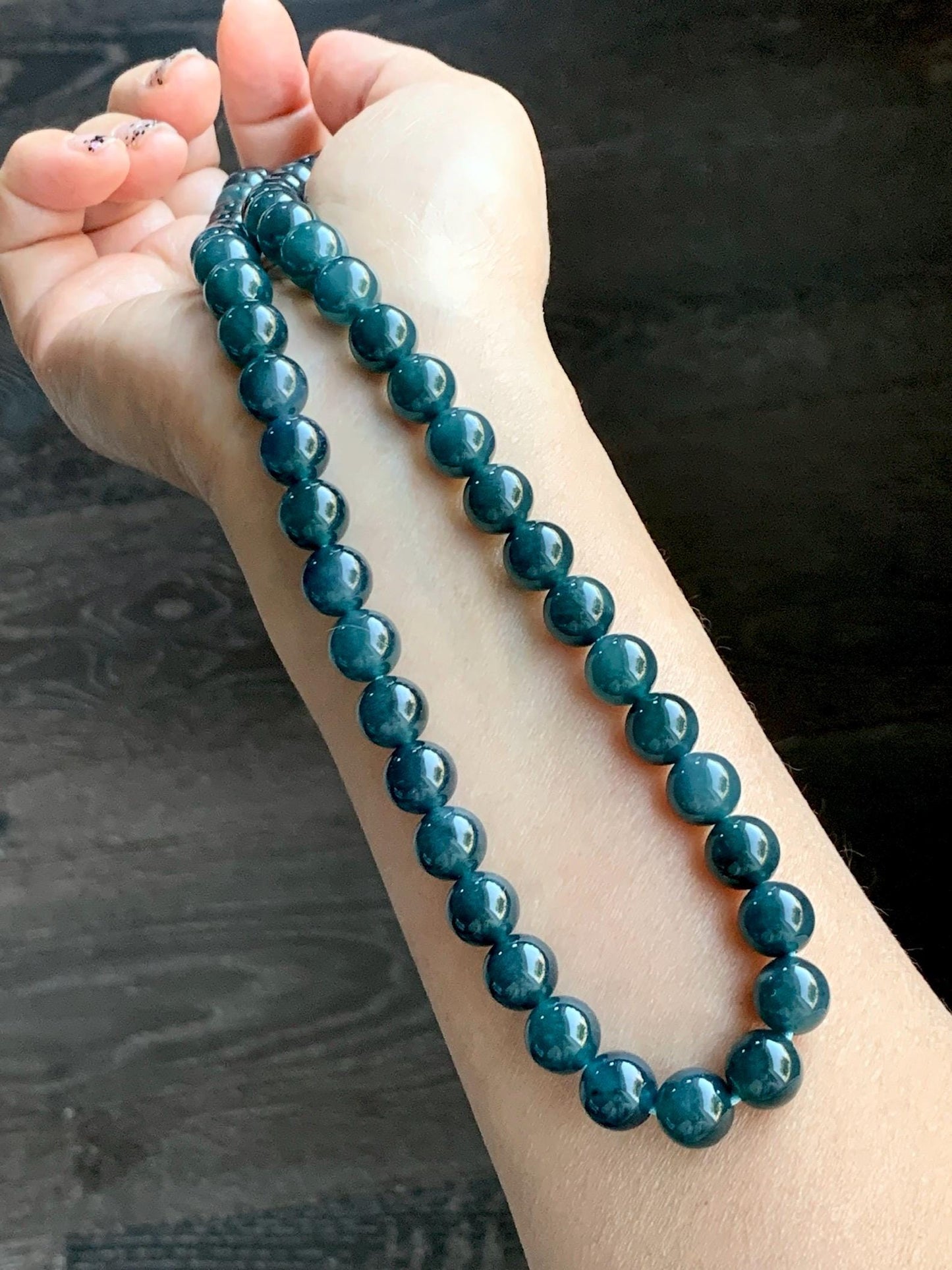 Natural Grade A Guatemalan Icy Translucent Dark Aegean Blue Jade Jadeite Beaded Necklace 23.25” 95g Sterling Silver 天然冰胶危深牛仔蓝翡翠大卡圆珠项链SNJL688