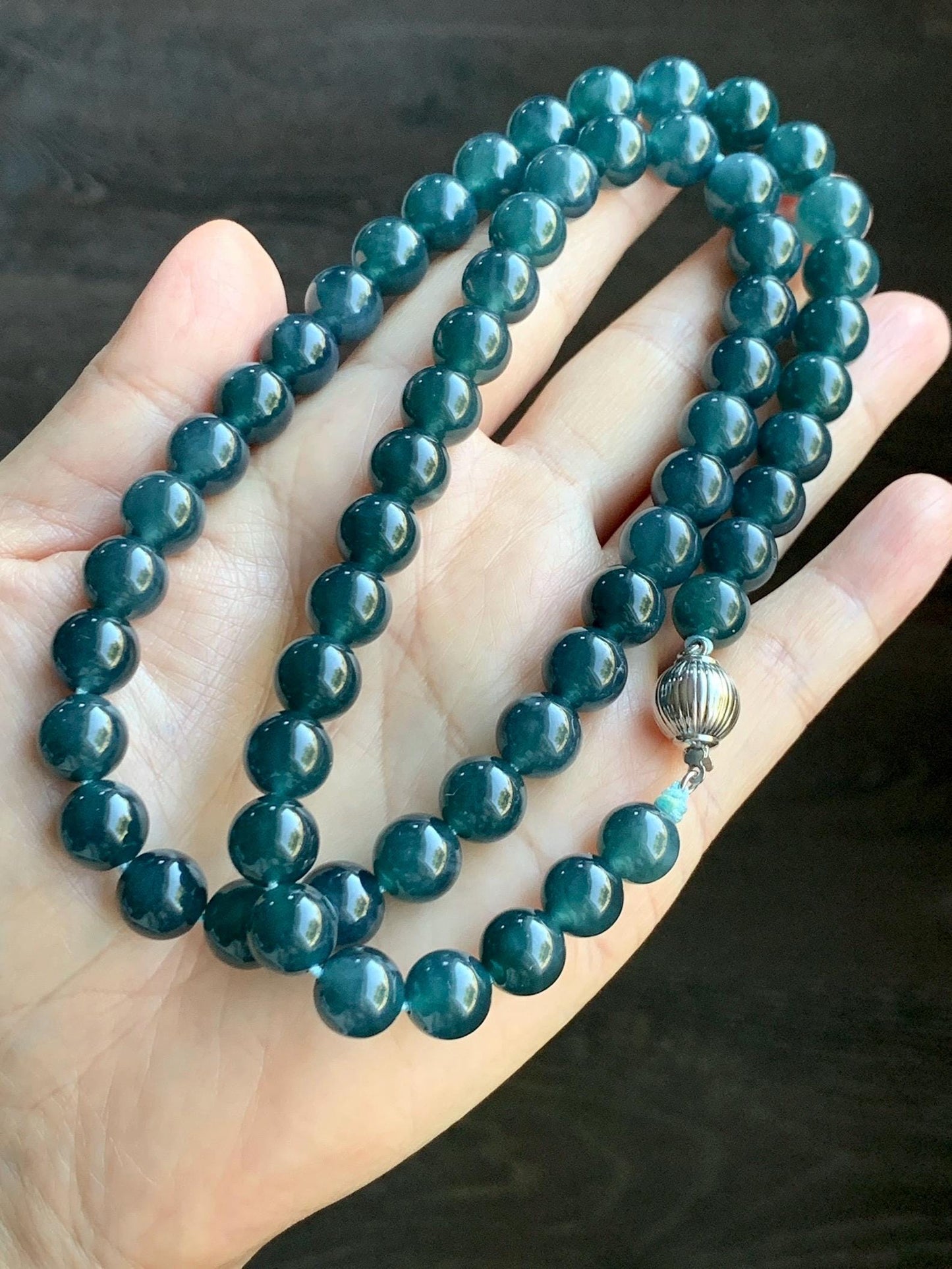 Natural Grade A Guatemalan Icy Translucent Dark Aegean Blue Jade Jadeite Beaded Necklace 23.25” 95g Sterling Silver 天然冰胶危深牛仔蓝翡翠大卡圆珠项链SNJL688
