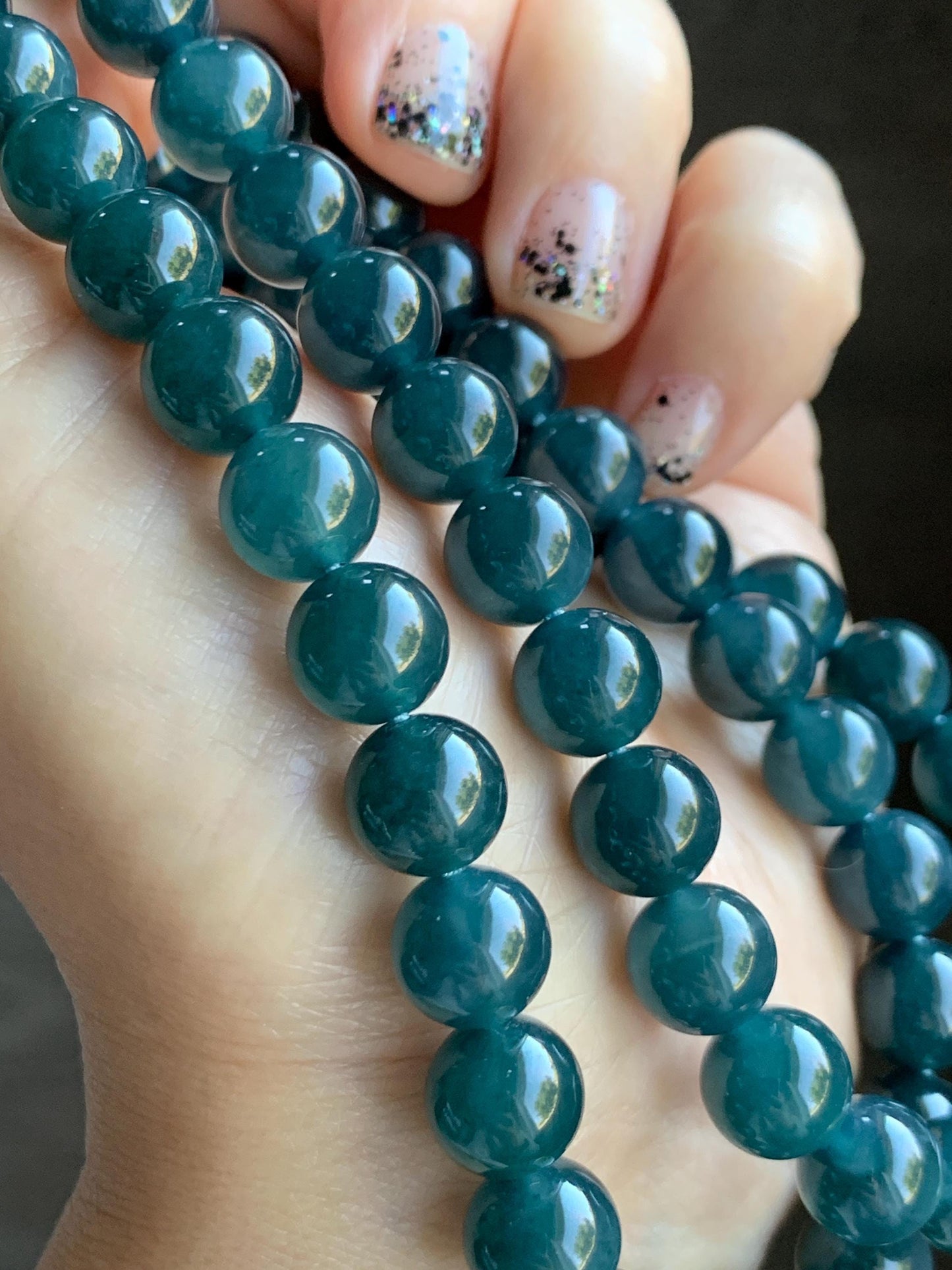 Natural Grade A Guatemalan Icy Translucent Dark Aegean Blue Jade Jadeite Beaded Necklace 23.25” 95g Sterling Silver 天然冰胶危深牛仔蓝翡翠大卡圆珠项链SNJL688