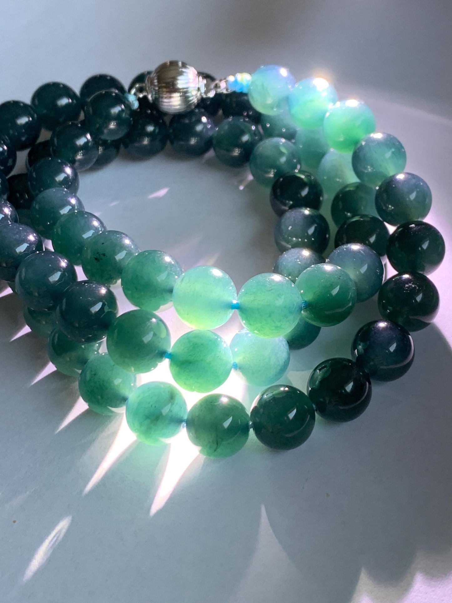 Natural Grade A Guatemalan Icy Translucent Dark Aegean Blue Jade Jadeite Beaded Necklace 23.25” 95g Sterling Silver 天然冰胶危深牛仔蓝翡翠大卡圆珠项链SNJL688