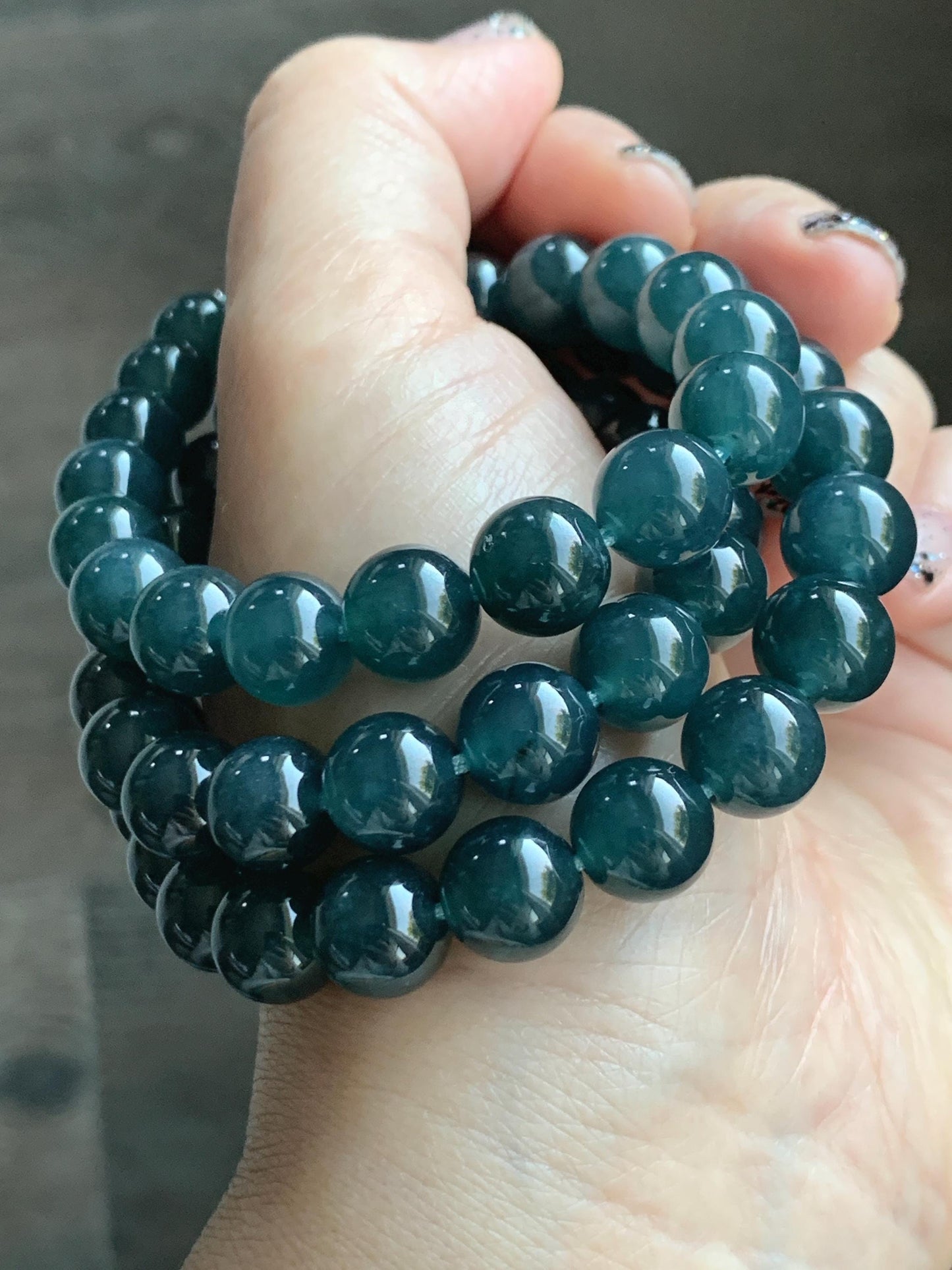 Natural Grade A Guatemalan Icy Translucent Dark Aegean Blue Jade Jadeite Beaded Necklace 23.25” 95g Sterling Silver 天然冰胶危深牛仔蓝翡翠大卡圆珠项链SNJL688