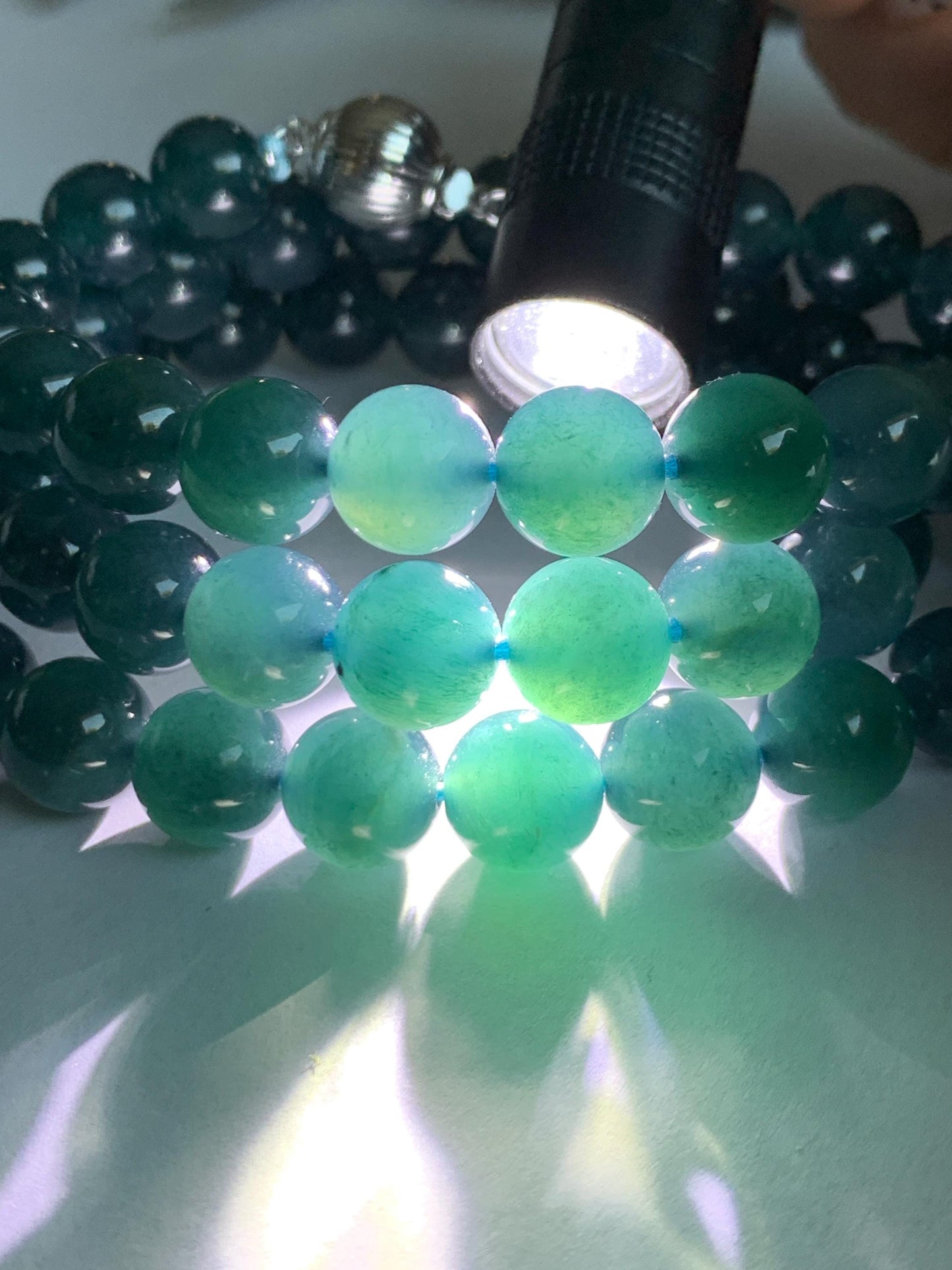 Natural Grade A Guatemalan Icy Translucent Dark Aegean Blue Jade Jadeite Beaded Necklace 23.25” 95g Sterling Silver 天然冰胶危深牛仔蓝翡翠大卡圆珠项链SNJL688
