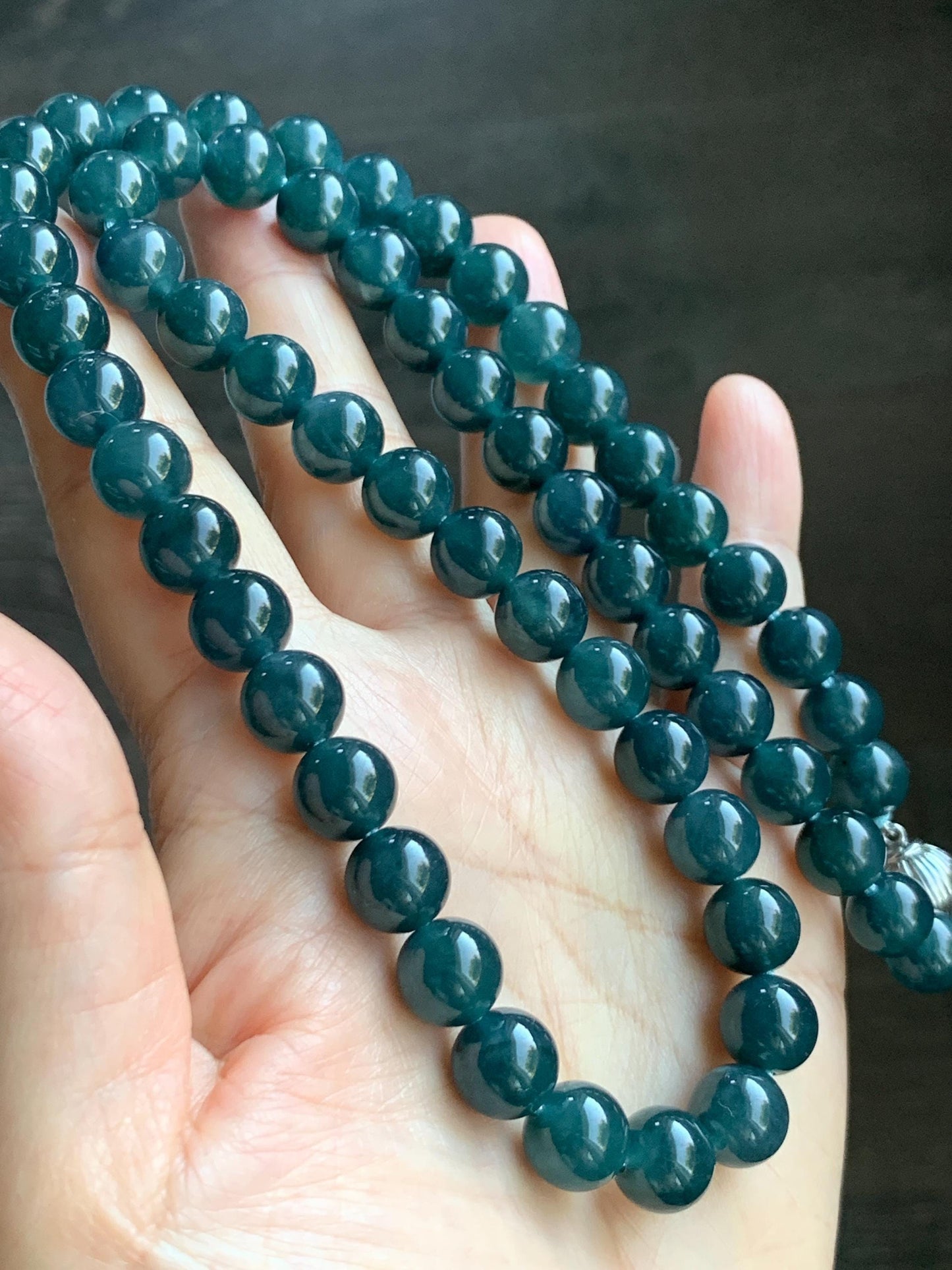 Natural Grade A Guatemalan Icy Translucent Dark Aegean Blue Jade Jadeite Beaded Necklace 23.25” 95g Sterling Silver 天然冰胶危深牛仔蓝翡翠大卡圆珠项链SNJL688