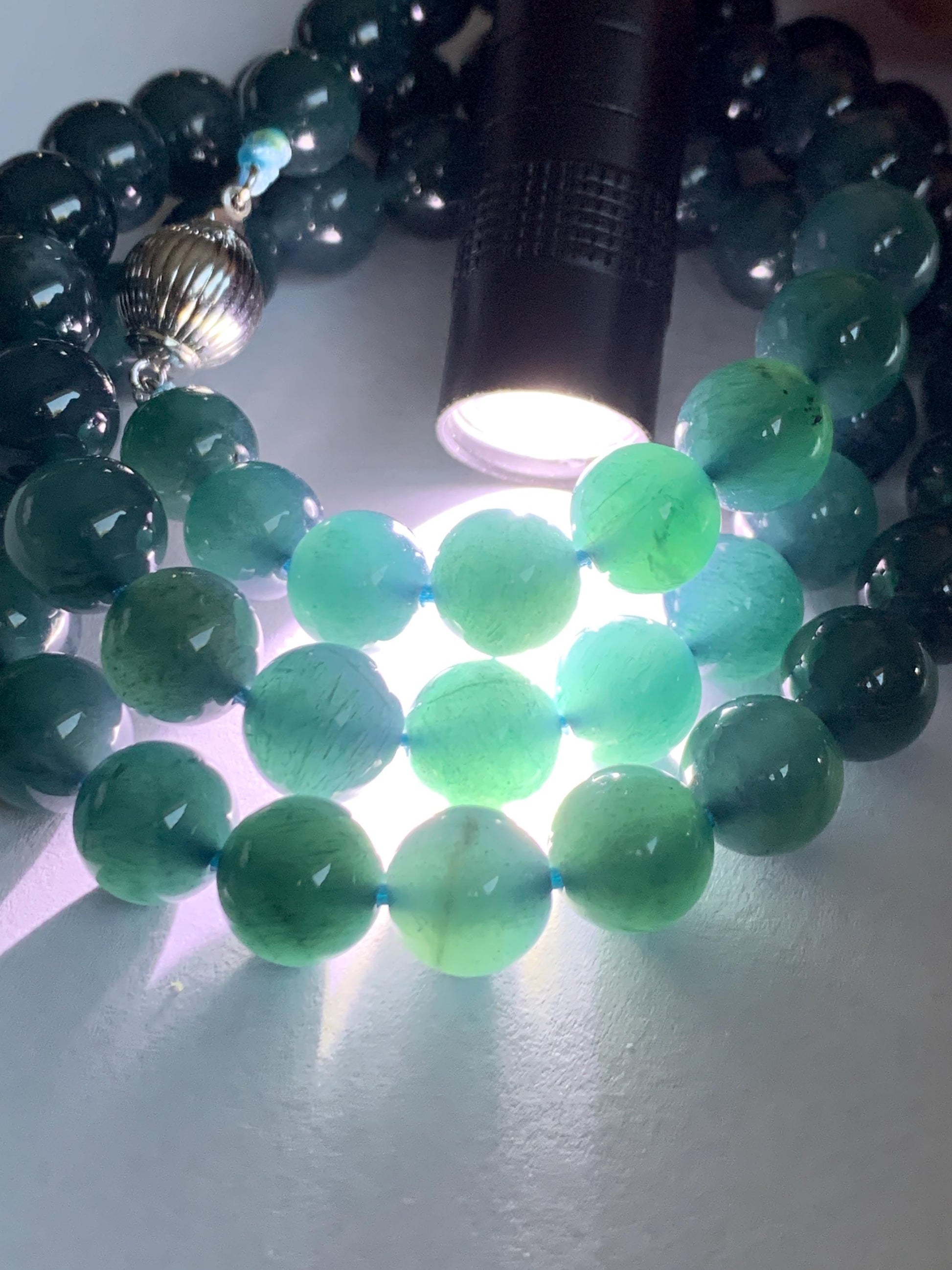 Natural Grade A Guatemalan Icy Translucent Dark Aegean Blue Jade Jadeite Beaded Necklace 23.25” 95g Sterling Silver 天然冰胶危深牛仔蓝翡翠大卡圆珠项链SNJL688