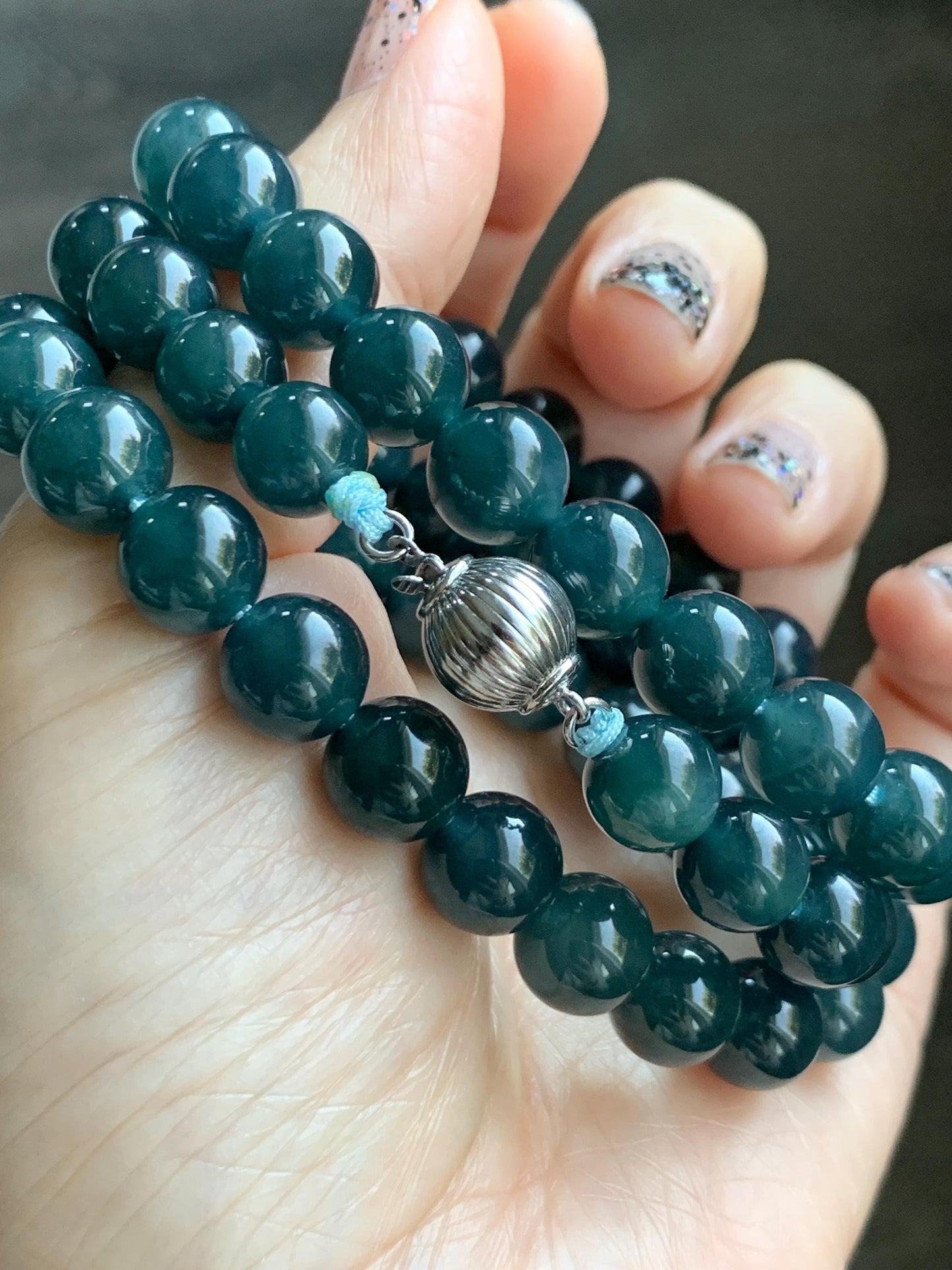 Natural Grade A Guatemalan Icy Translucent Dark Aegean Blue Jade Jadeite Beaded Necklace 23.25” 95g Sterling Silver 天然冰胶危深牛仔蓝翡翠大卡圆珠项链SNJL688