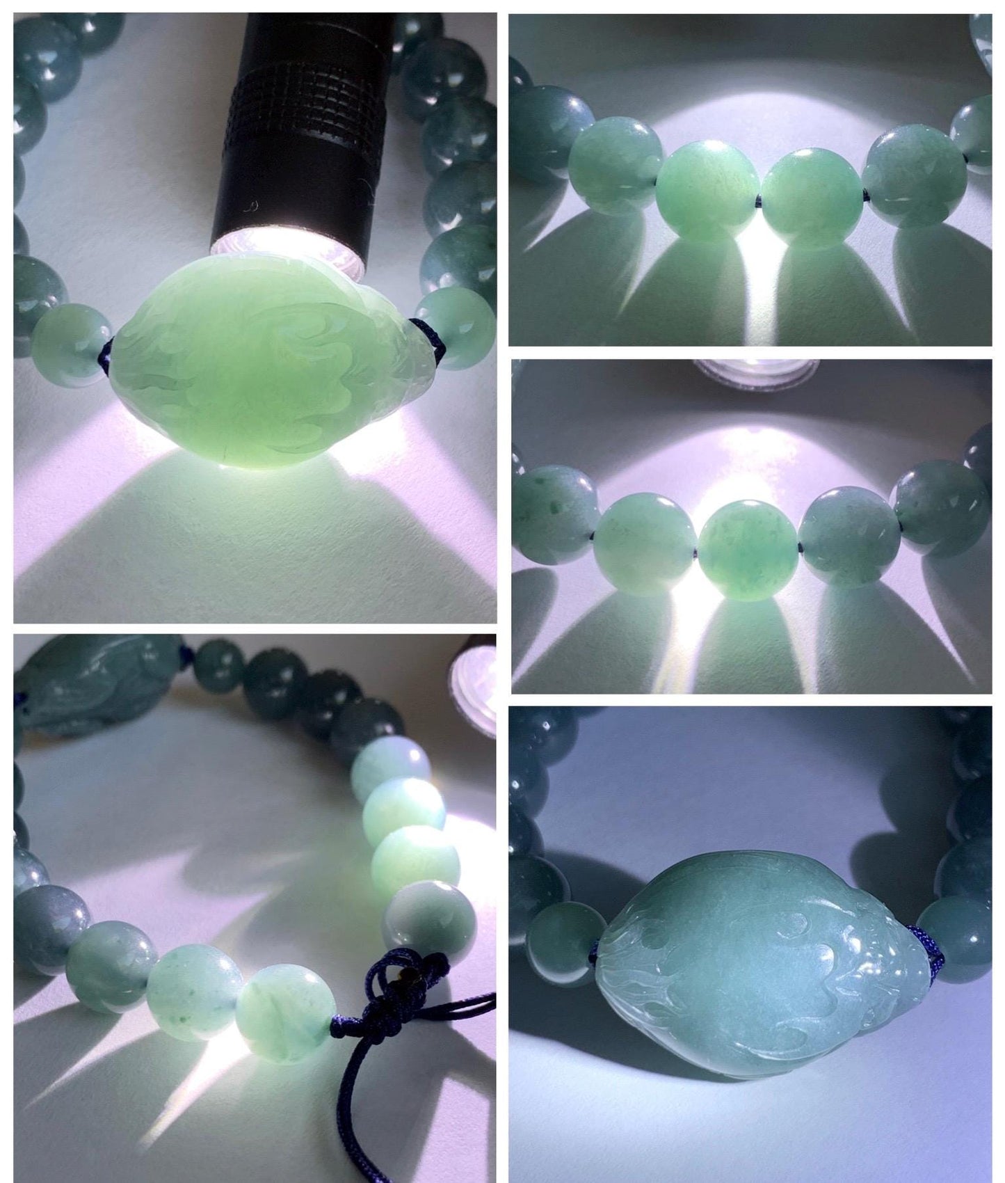 Natural Grade A Guatemalan Icy Translucent Dusty Teal Blue Jade Jadeite Dragon Turtle Beaded Bracelet 7” 37g 天然冰危灰蓝翡翠龙龟圆珠手串 HLG208